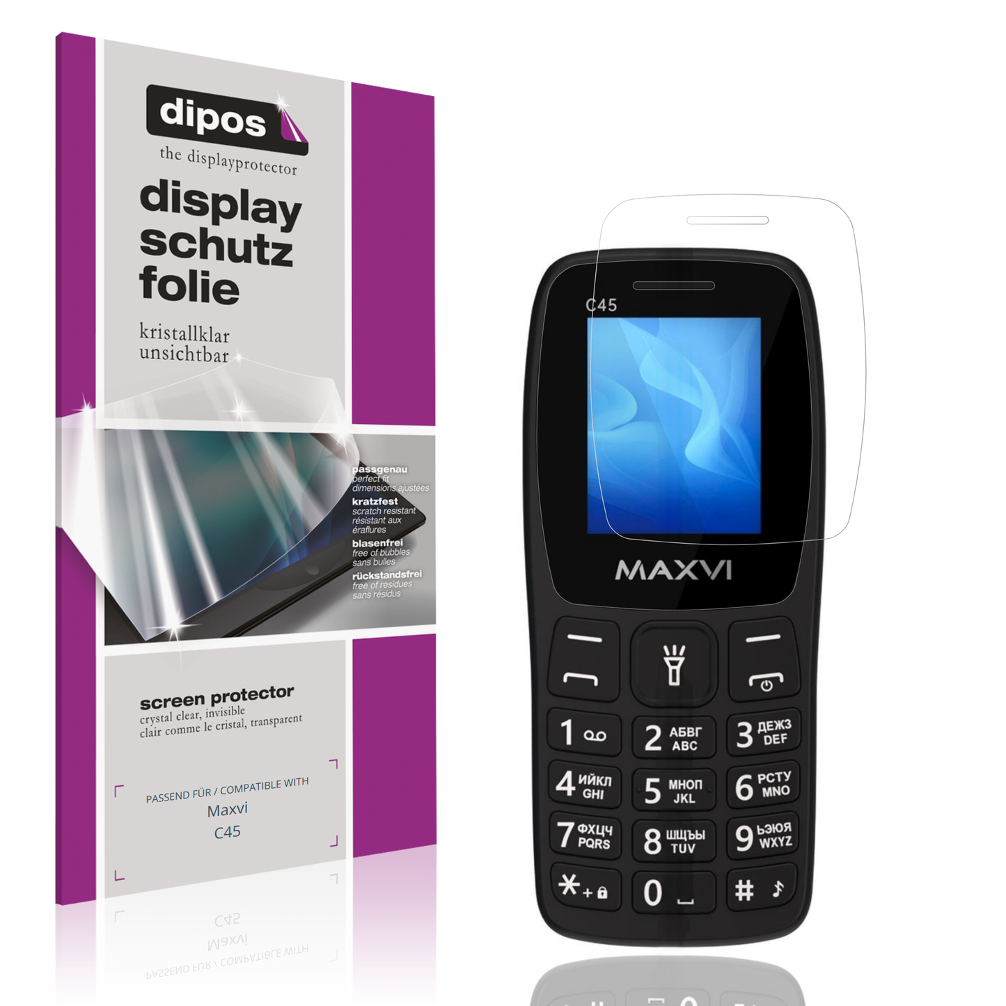 Klare Displayschutzfolie von dipos passend für Maxvi C45, präziser Zuschnitt und blasenfrei montiert