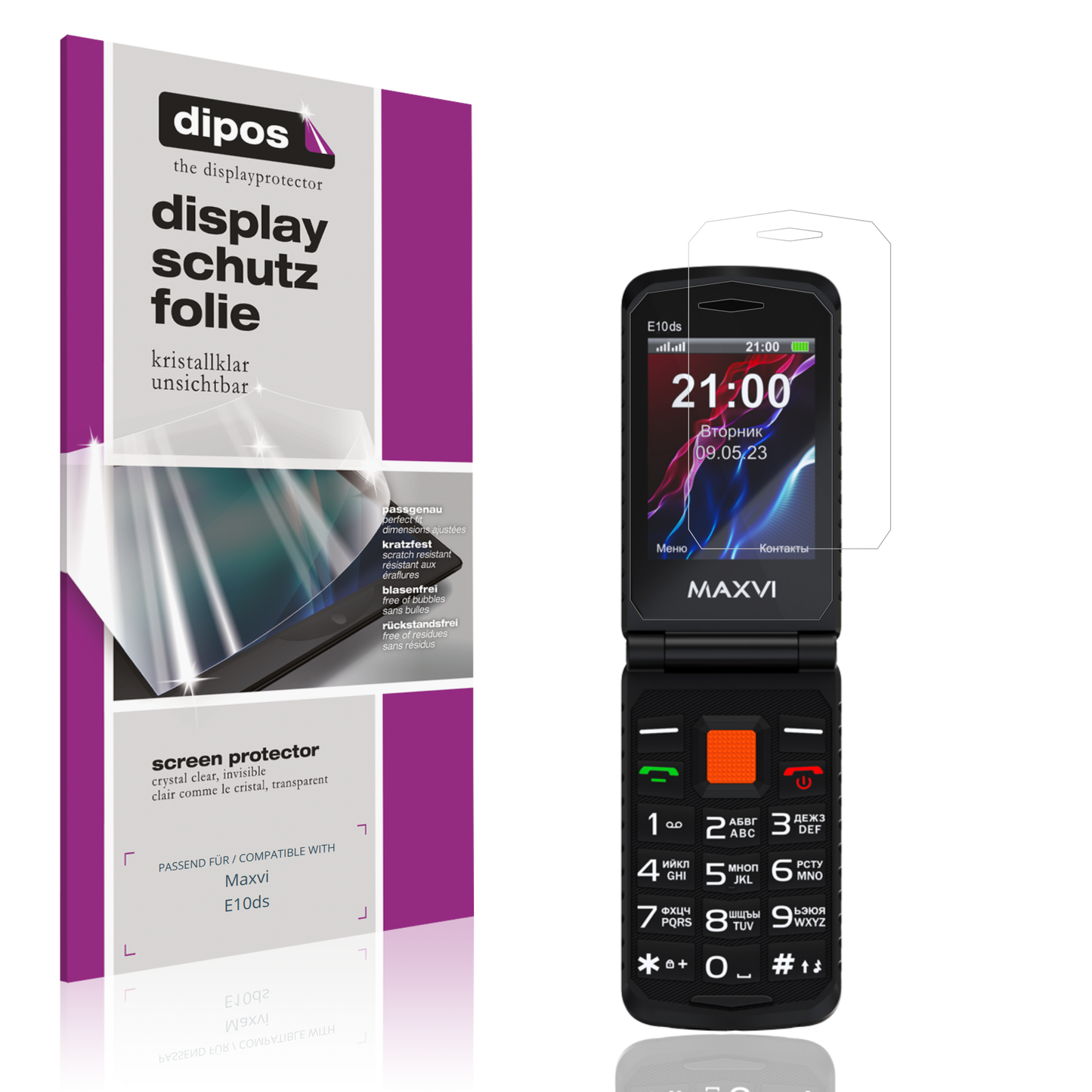 Klare Displayschutzfolie von dipos passend für Maxvi E10ds, präziser Zuschnitt und blasenfrei montiert