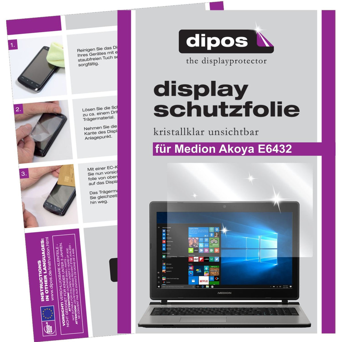 Klare Displayschutzfolie von dipos passend für Medion Akoya E6432, präziser Zuschnitt und blasenfrei montiert