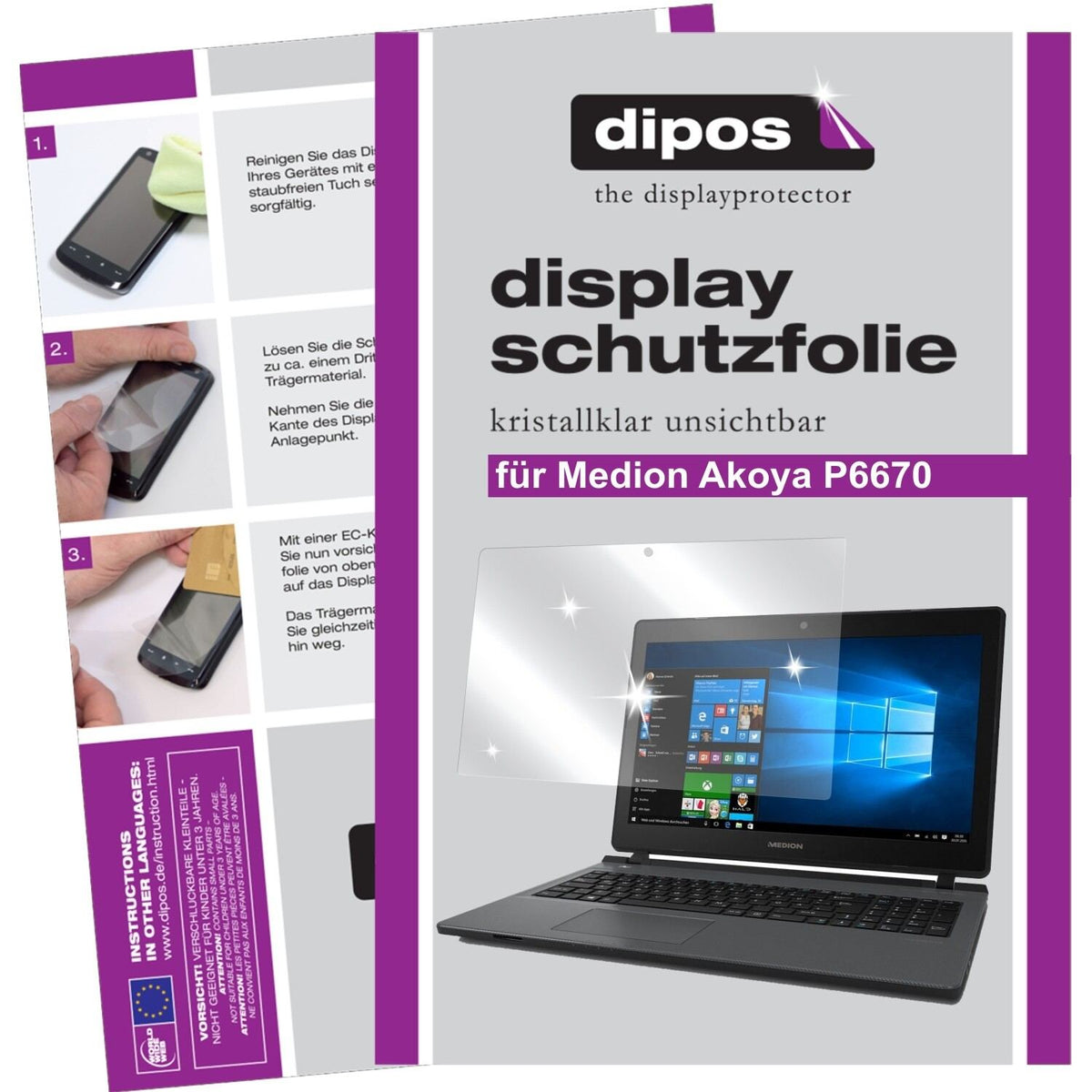 Klare Displayschutzfolie von dipos passend für Medion Akoya P6670, präziser Zuschnitt und blasenfrei montiert
