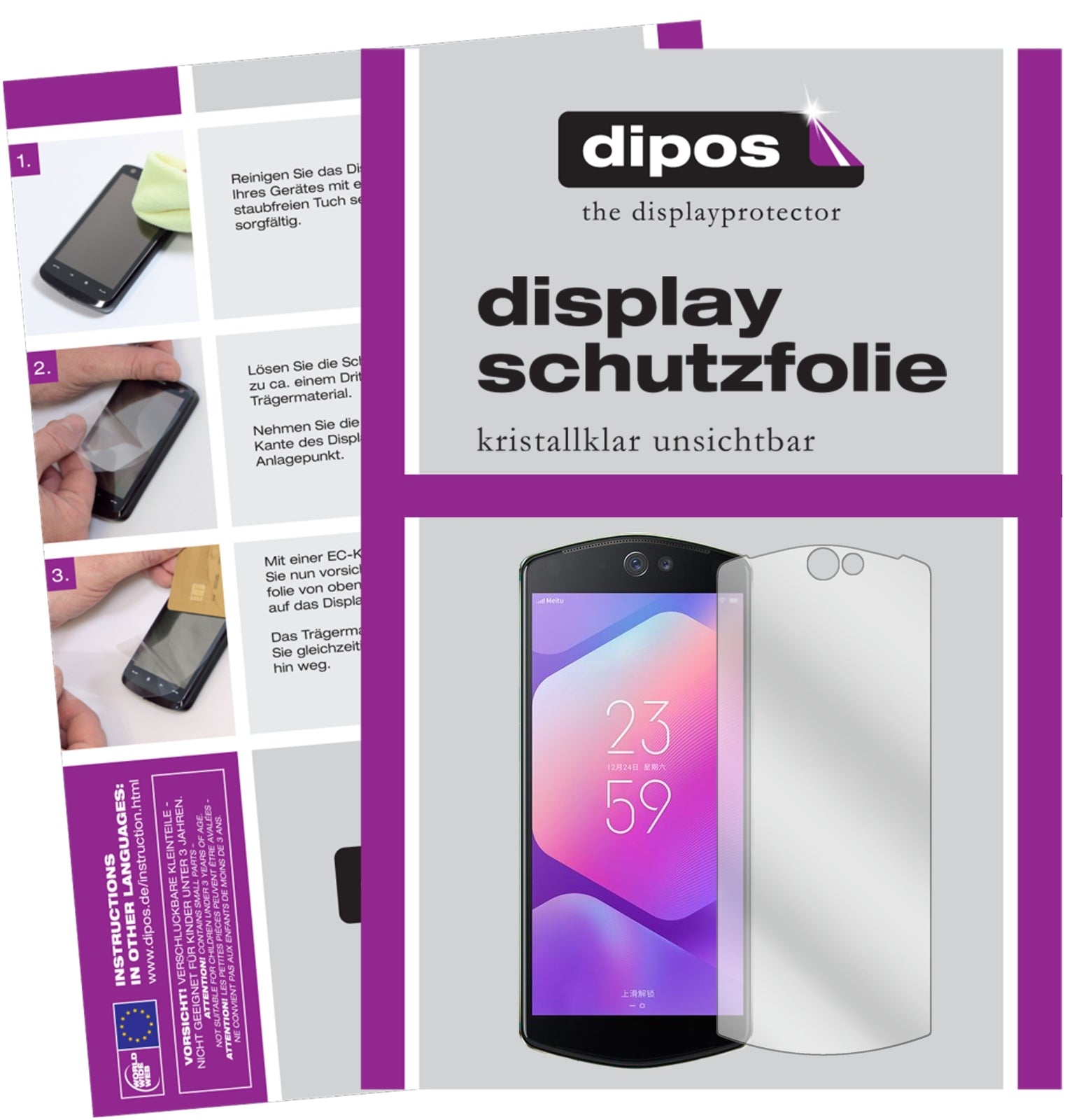 Klare Displayschutzfolie von dipos passend für Meitu T9, präziser Zuschnitt und blasenfrei montiert