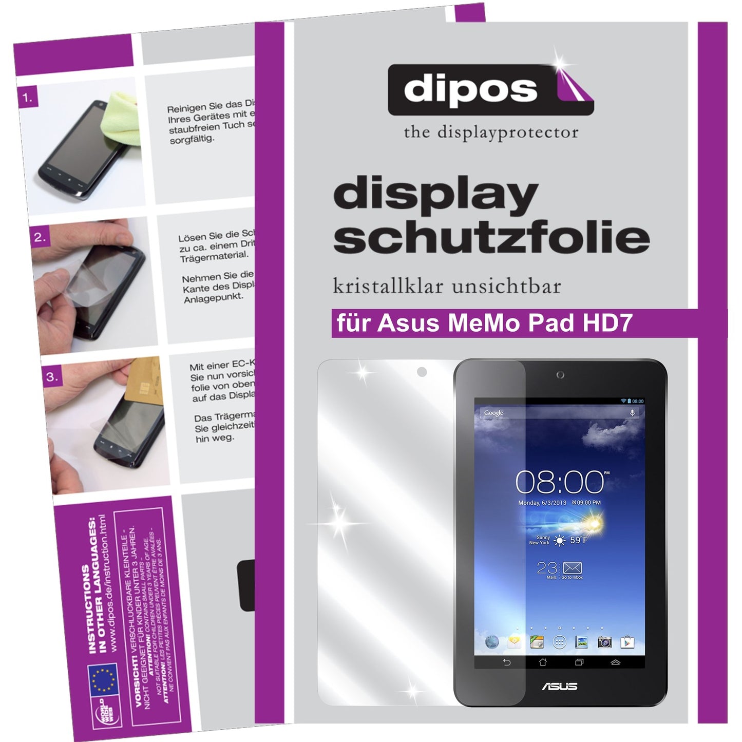 Klare Displayschutzfolie von dipos passend für MeMo Pad HD 7 Asus, präziser Zuschnitt und blasenfrei montiert