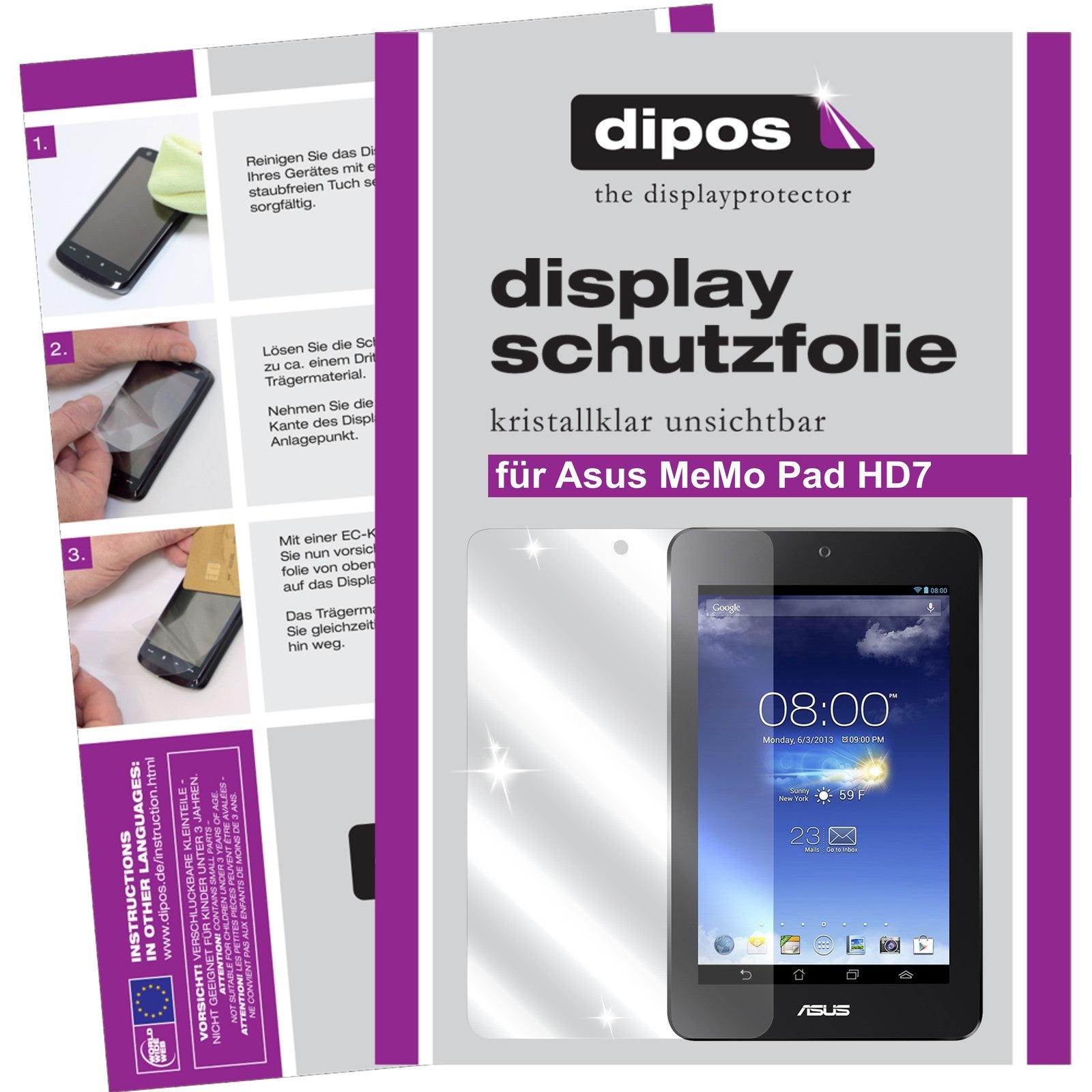 Klare Displayschutzfolie von dipos passend für MeMo Pad HD 7 Asus, präziser Zuschnitt und blasenfrei montiert