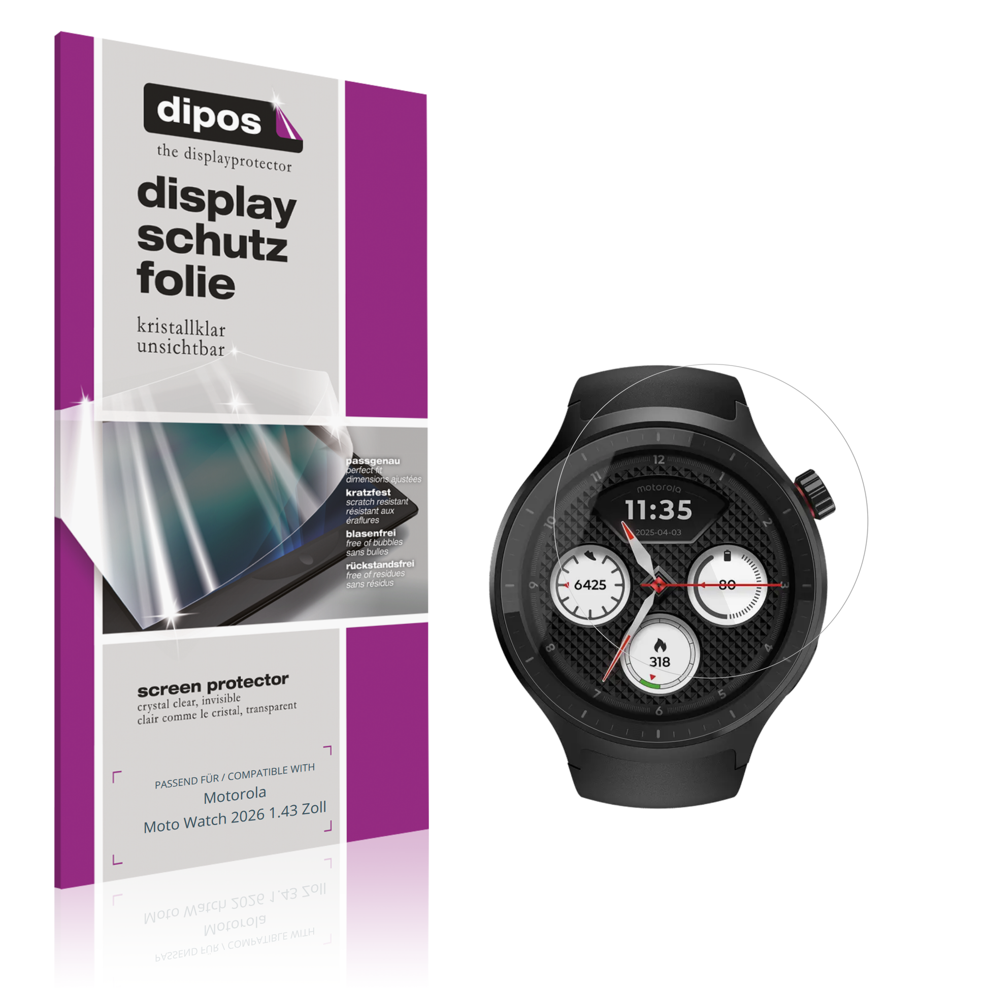 Klare Displayschutzfolie von dipos passend für Motorola Moto Watch 2026 1.43 Zoll, präziser Zuschnitt und blasenfrei montiert