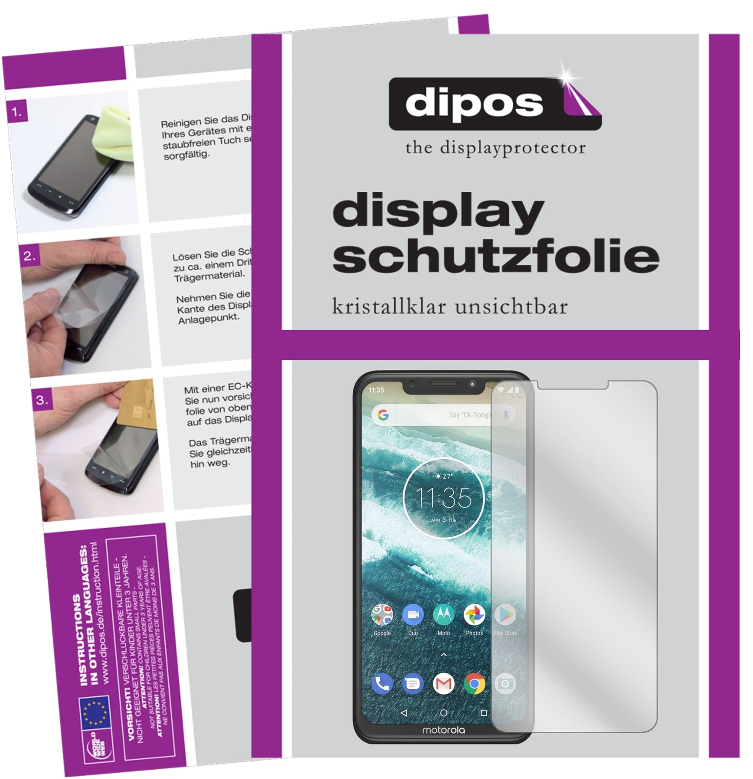 Klare Displayschutzfolie von dipos passend für Motorola One Power, präziser Zuschnitt und blasenfrei montiert