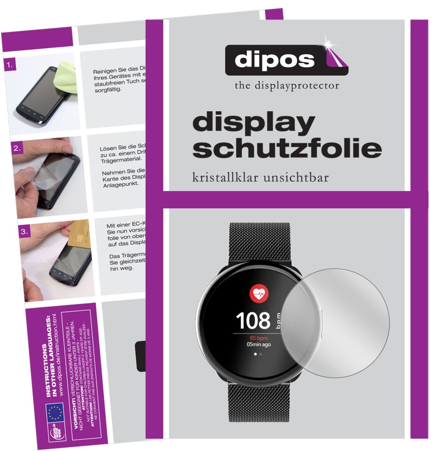 Klare Displayschutzfolie von dipos passend für MyKronoz ZEROUND2HR ELITE, präziser Zuschnitt und blasenfrei montiert