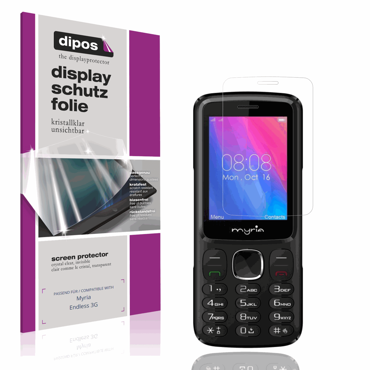 Klare Displayschutzfolie von dipos passend für Myria Endless 3G, präziser Zuschnitt und blasenfrei montiert