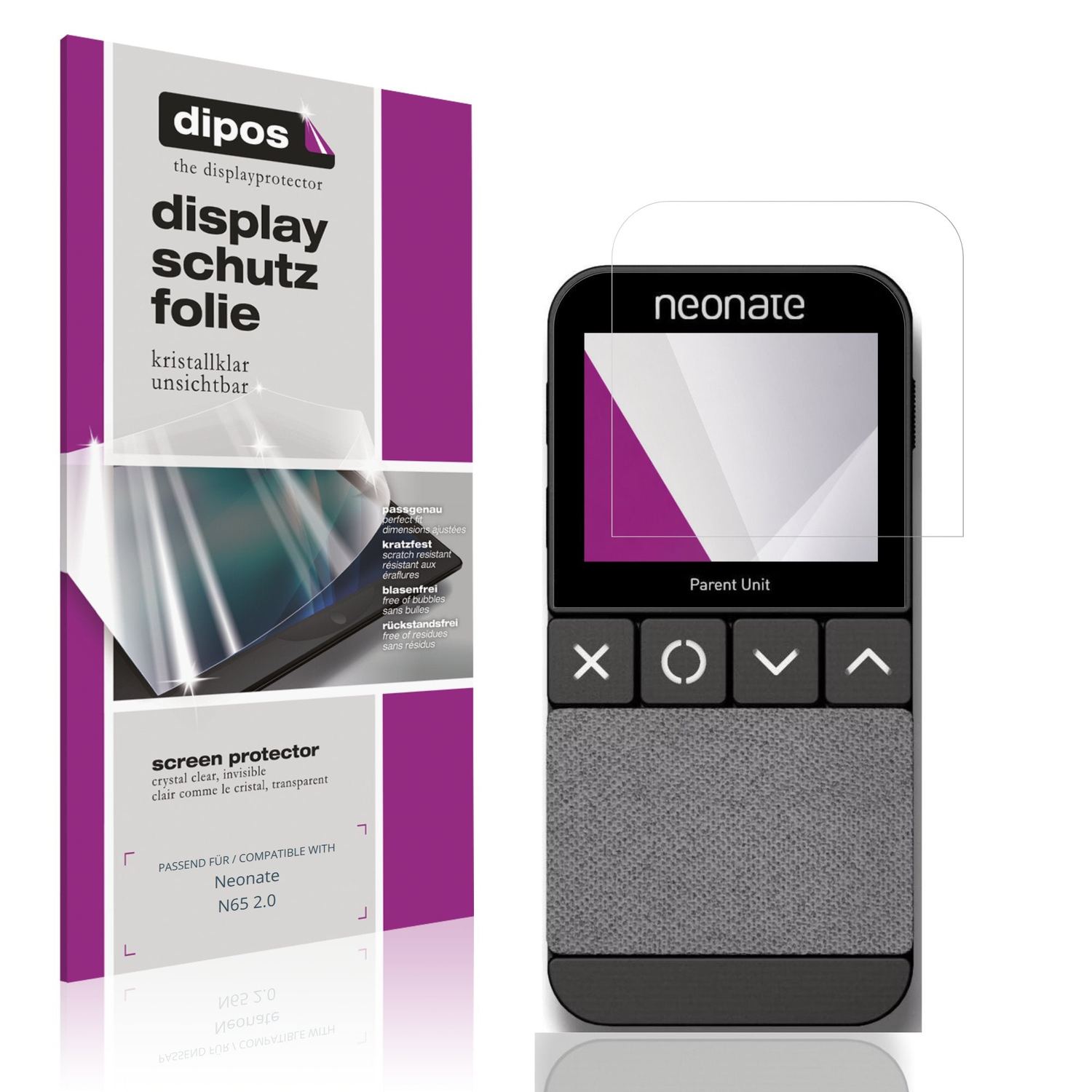 Klare Displayschutzfolie von dipos passend für Neonate N65 2.0, präziser Zuschnitt und blasenfrei montiert