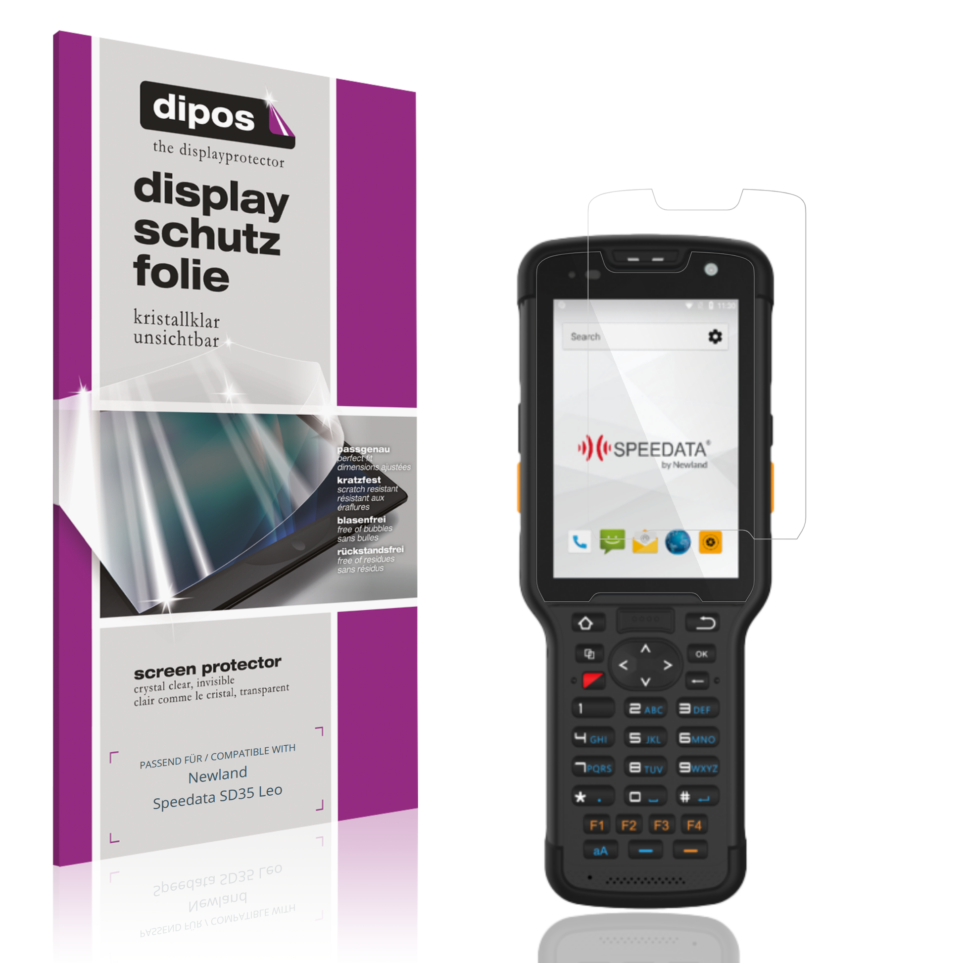 Klare Displayschutzfolie von dipos passend für Newland Speedata SD35 Leo, präziser Zuschnitt und blasenfrei montiert