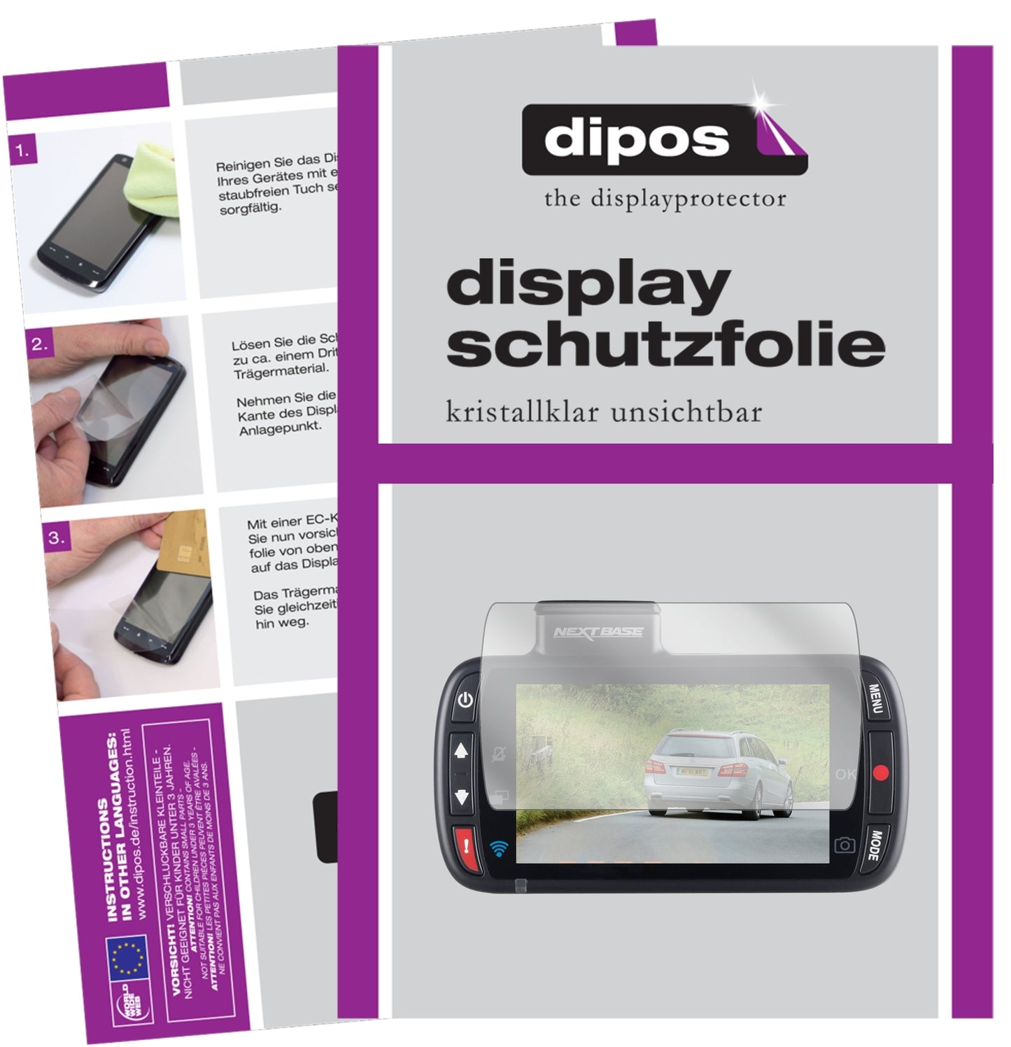 Klare Displayschutzfolie von dipos passend für Nextbase 312GW Dashcam, präziser Zuschnitt und blasenfrei montiert