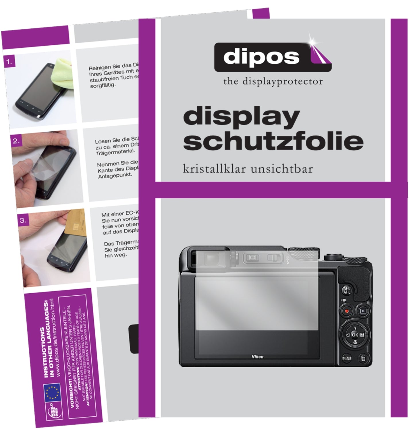 Klare Displayschutzfolie von dipos passend für Nikon Coolpix A1000, präziser Zuschnitt und blasenfrei montiert