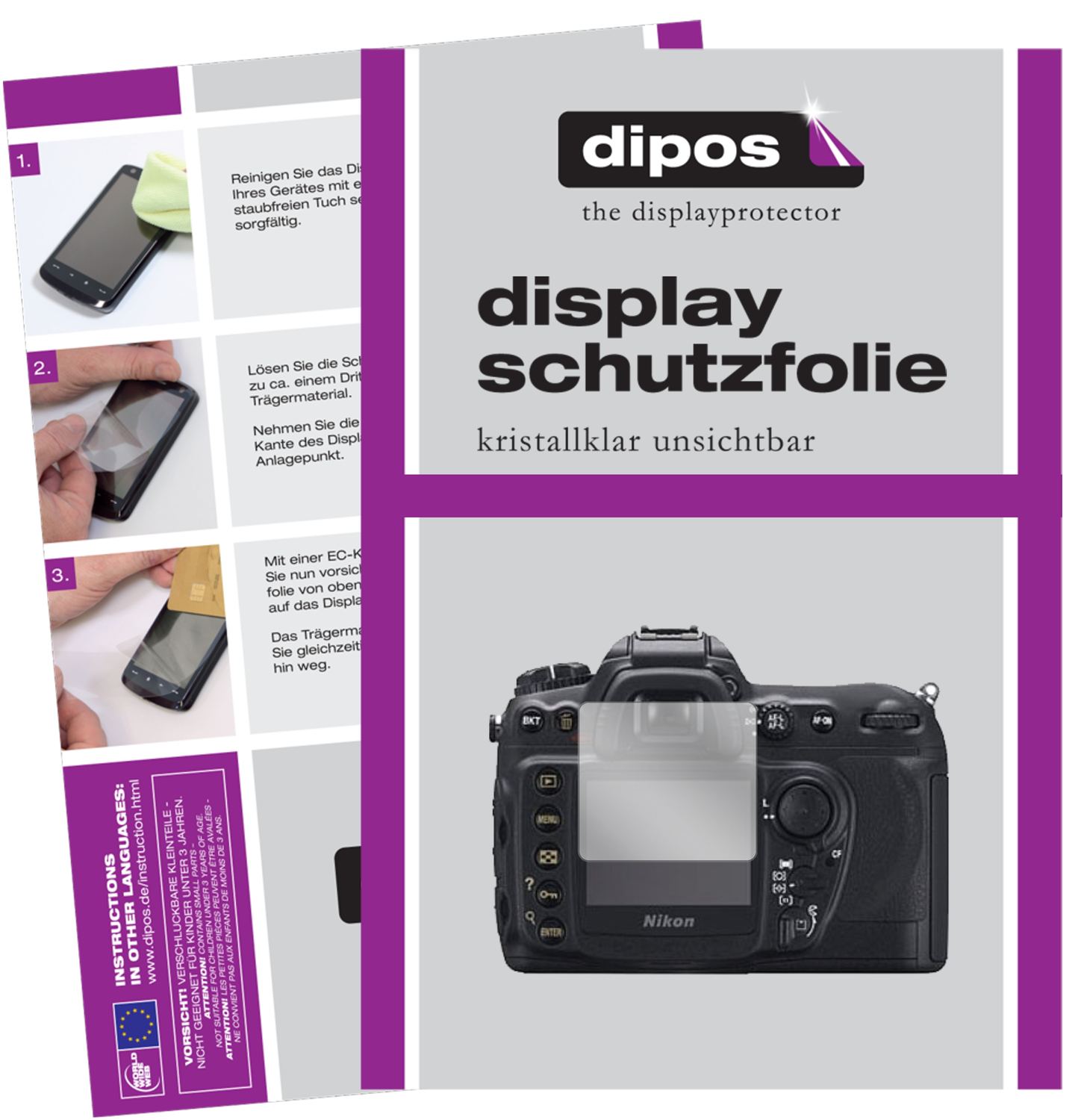 Klare Displayschutzfolie von dipos passend für Nikon D200, präziser Zuschnitt und blasenfrei montiert