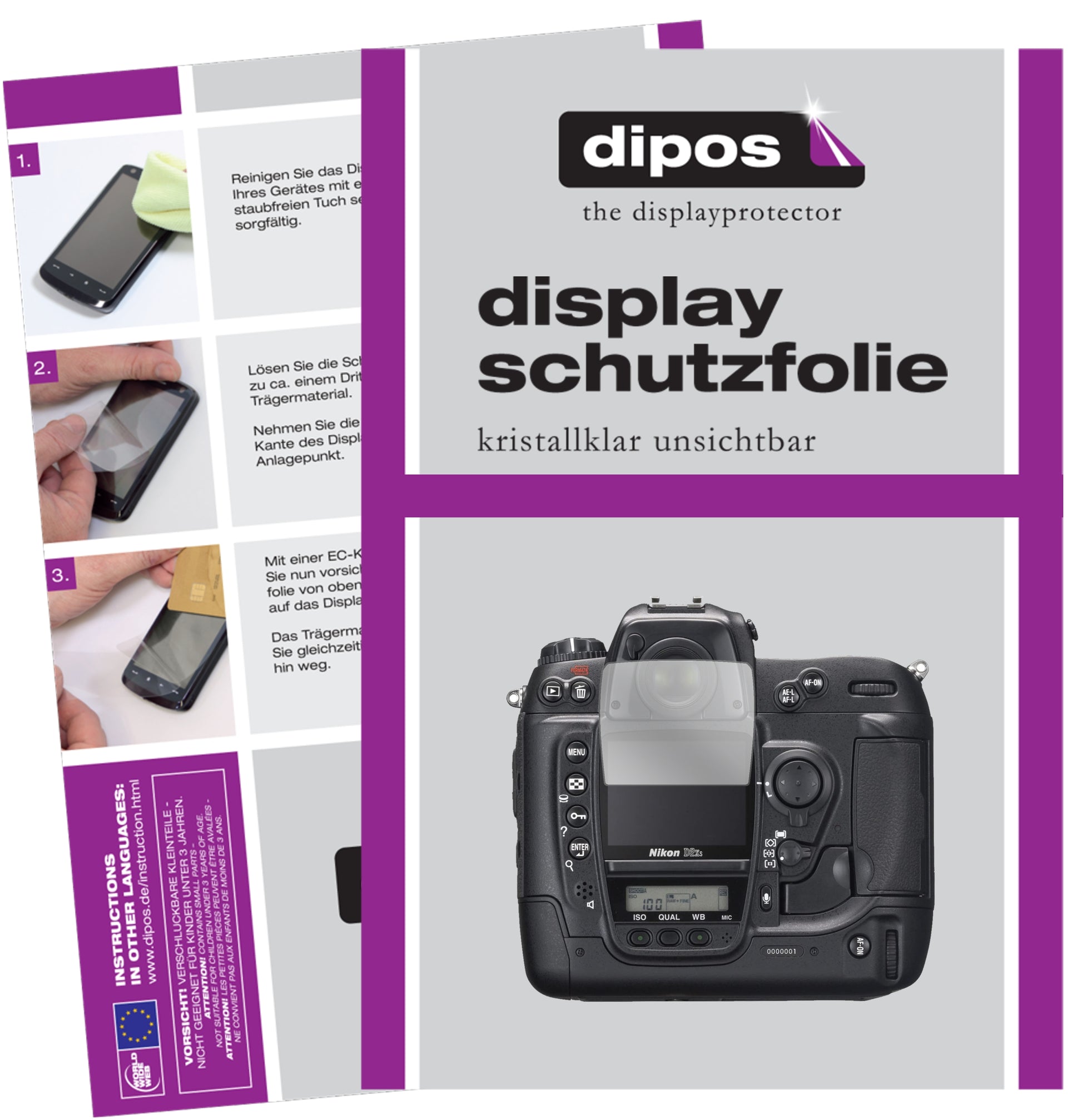 Klare Displayschutzfolie von dipos passend für Nikon D2H, präziser Zuschnitt und blasenfrei montiert