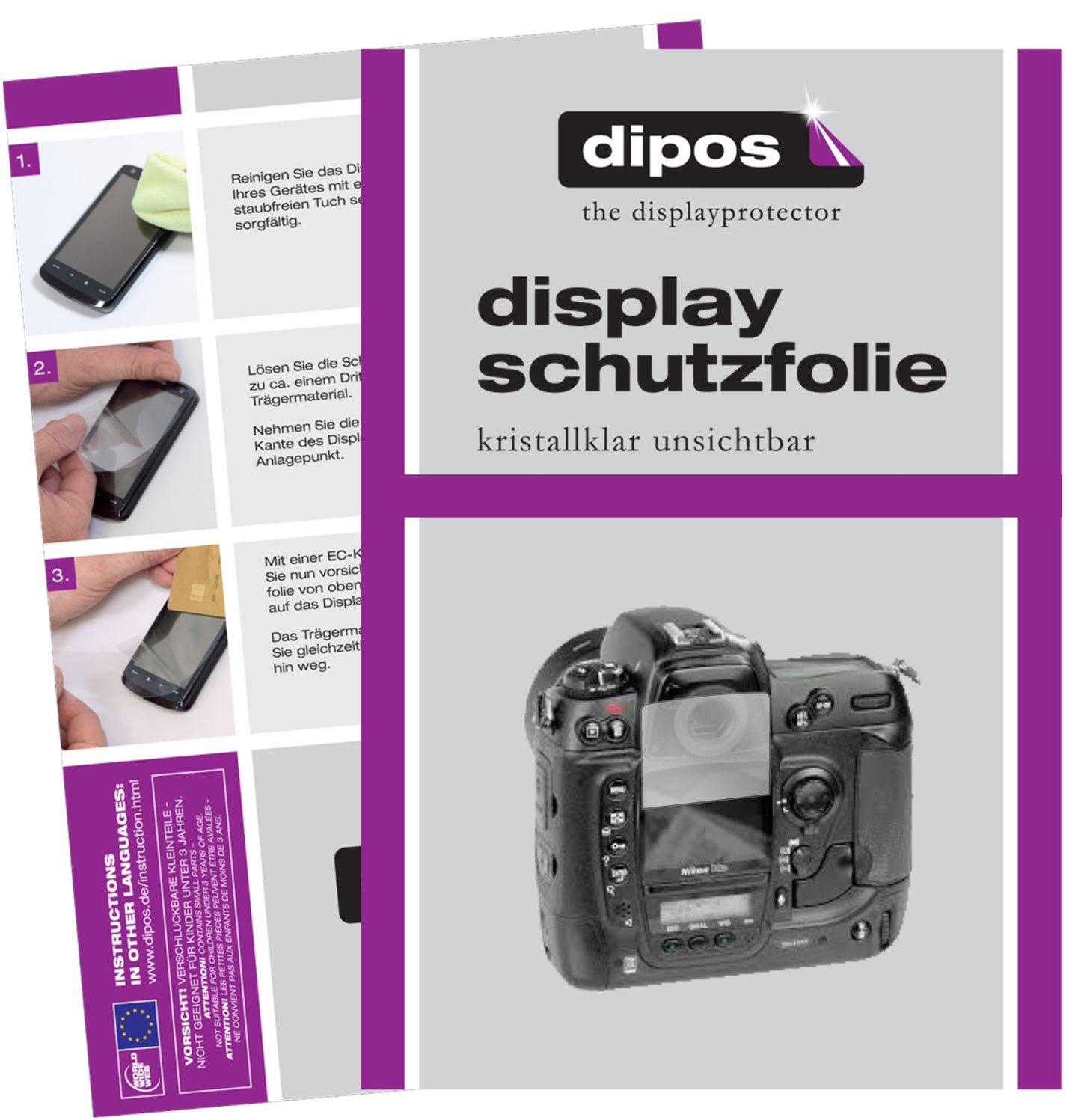 Klare Displayschutzfolie von dipos passend für Nikon D2Hs, präziser Zuschnitt und blasenfrei montiert