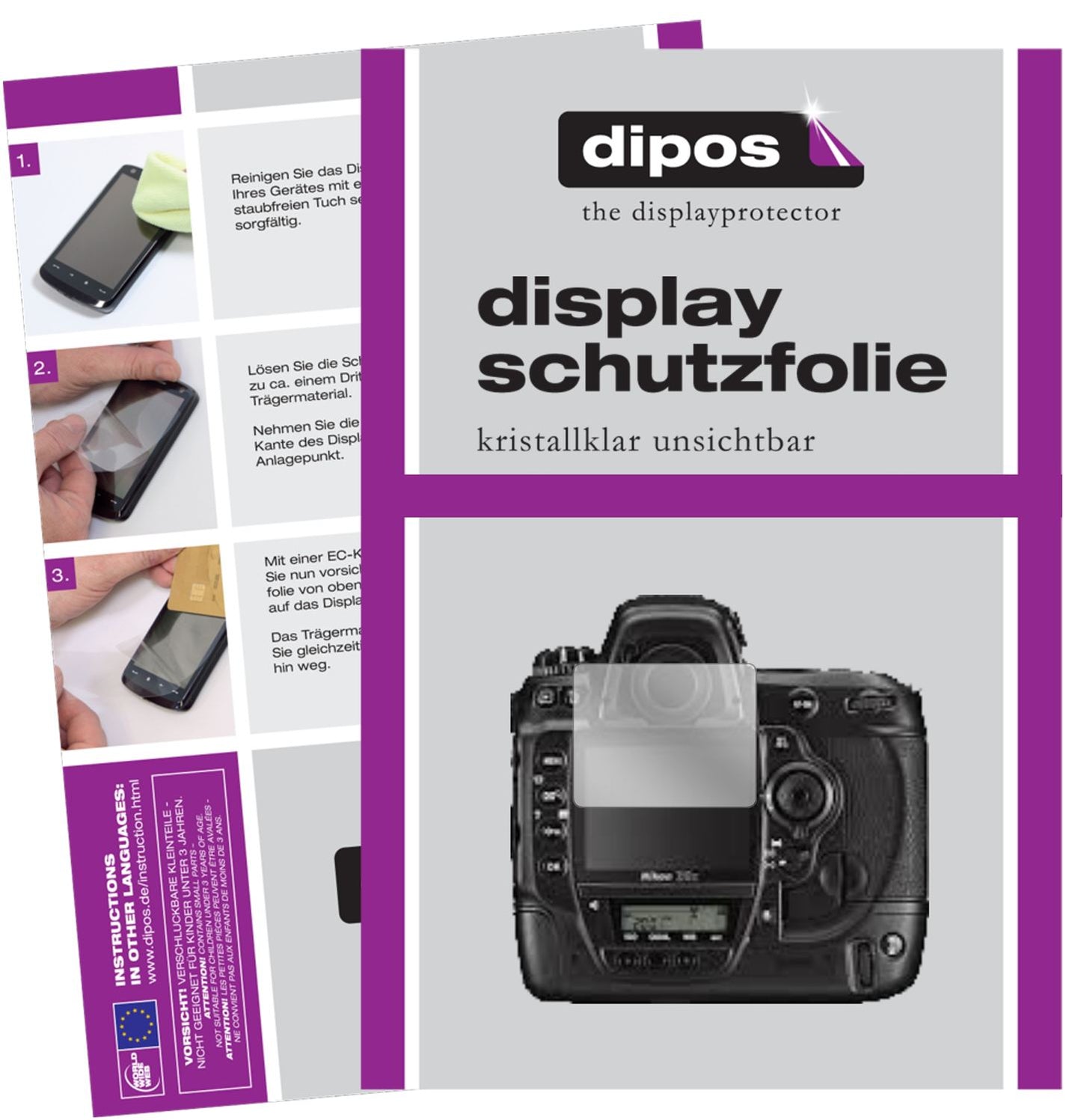 Klare Displayschutzfolie von dipos passend für Nikon D3x, präziser Zuschnitt und blasenfrei montiert