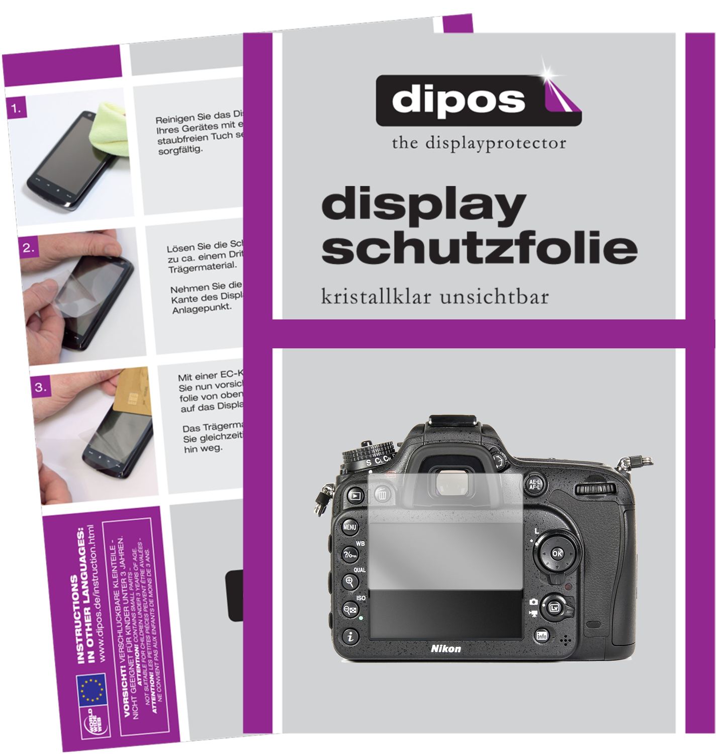 Klare Displayschutzfolie von dipos passend für Nikon D7100, präziser Zuschnitt und blasenfrei montiert