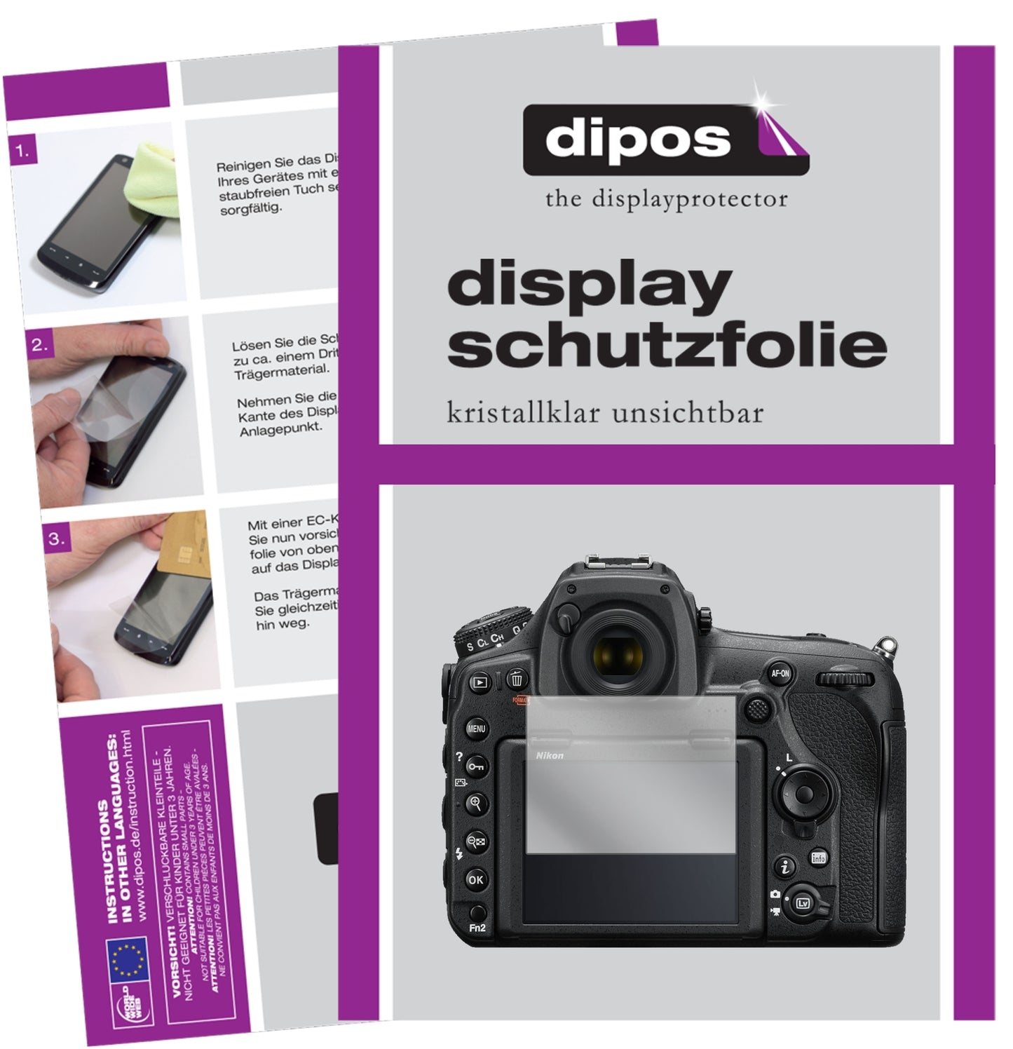 Klare Displayschutzfolie von dipos passend für Nikon D850 SLR, präziser Zuschnitt und blasenfrei montiert
