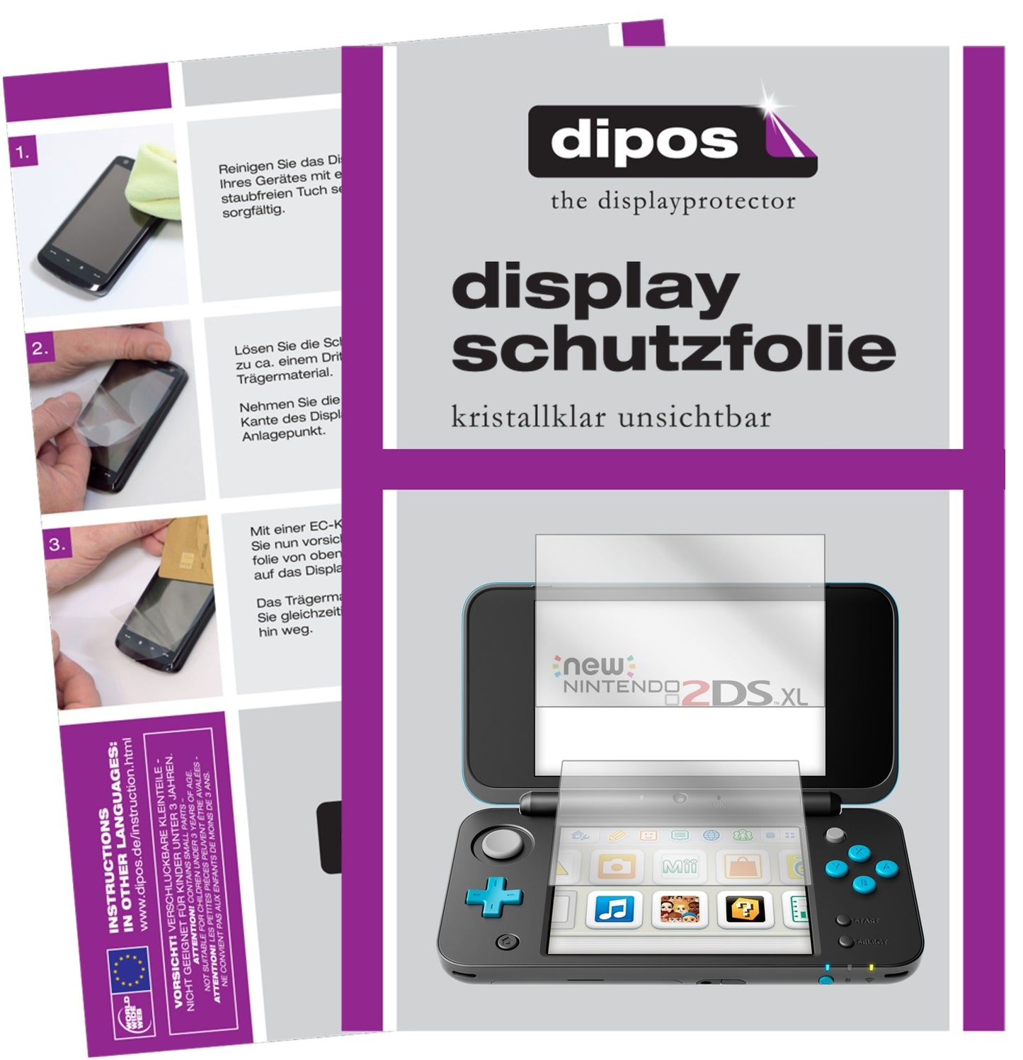 Klare Displayschutzfolie von dipos passend für Nintendo 2DS XL, präziser Zuschnitt und blasenfrei montiert
