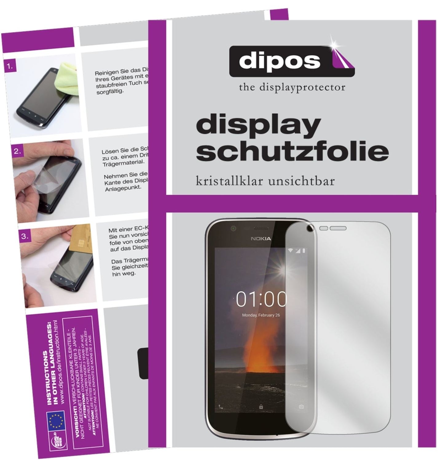 Klare Displayschutzfolie von dipos passend für Nokia 1, präziser Zuschnitt und blasenfrei montiert
