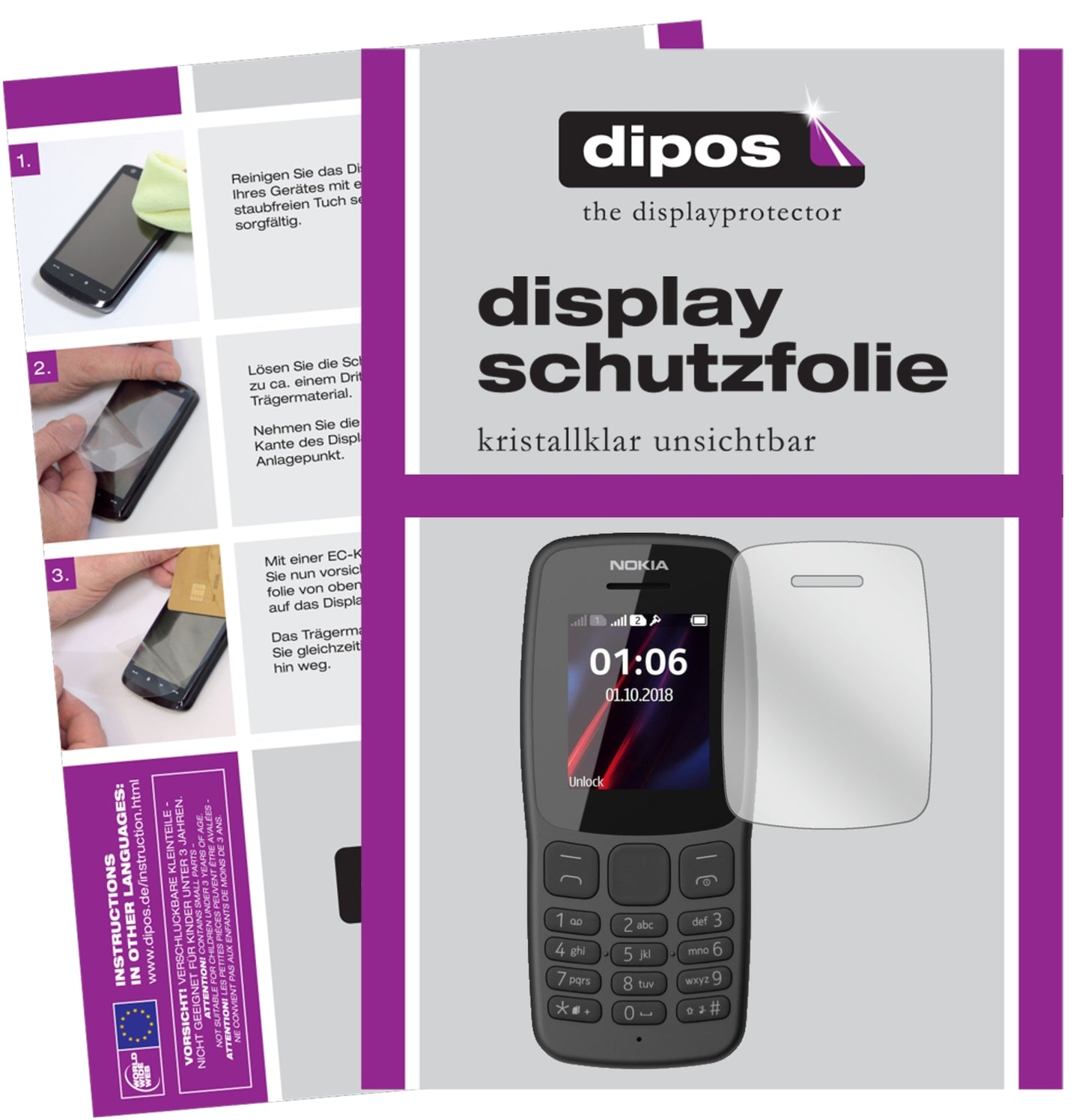 Klare Displayschutzfolie von dipos passend für Nokia 106 (2018), präziser Zuschnitt und blasenfrei montiert
