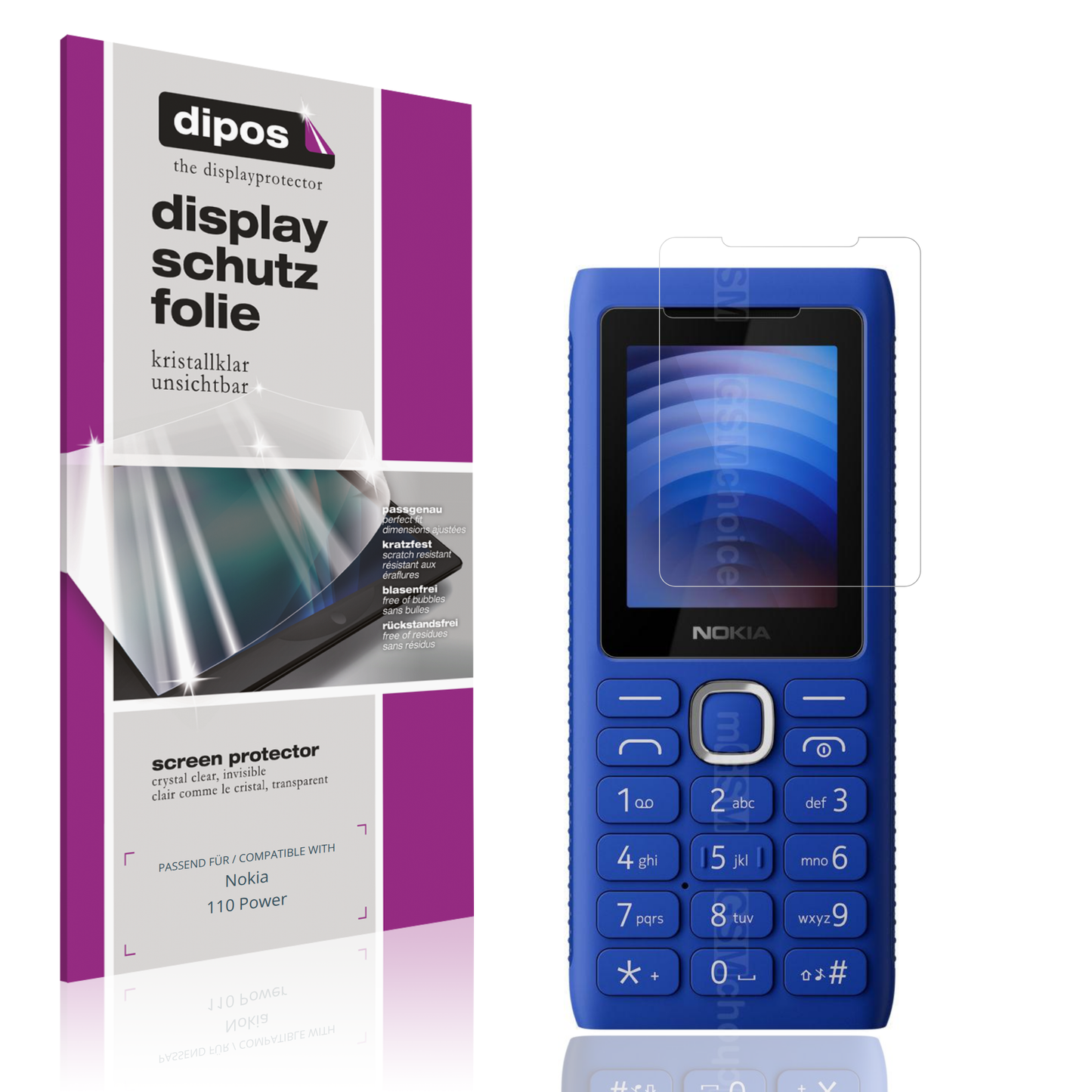 Klare Displayschutzfolie von dipos passend für Nokia 110 Power, präziser Zuschnitt und blasenfrei montiert