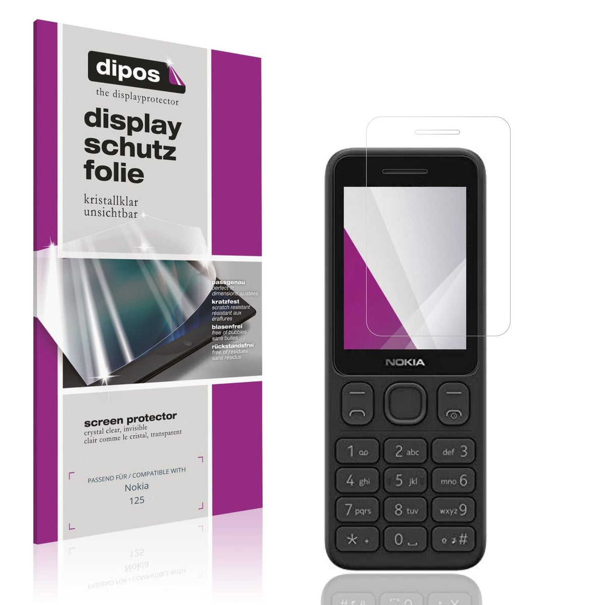 Klare Displayschutzfolie von dipos passend für Nokia 125, präziser Zuschnitt und blasenfrei montiert