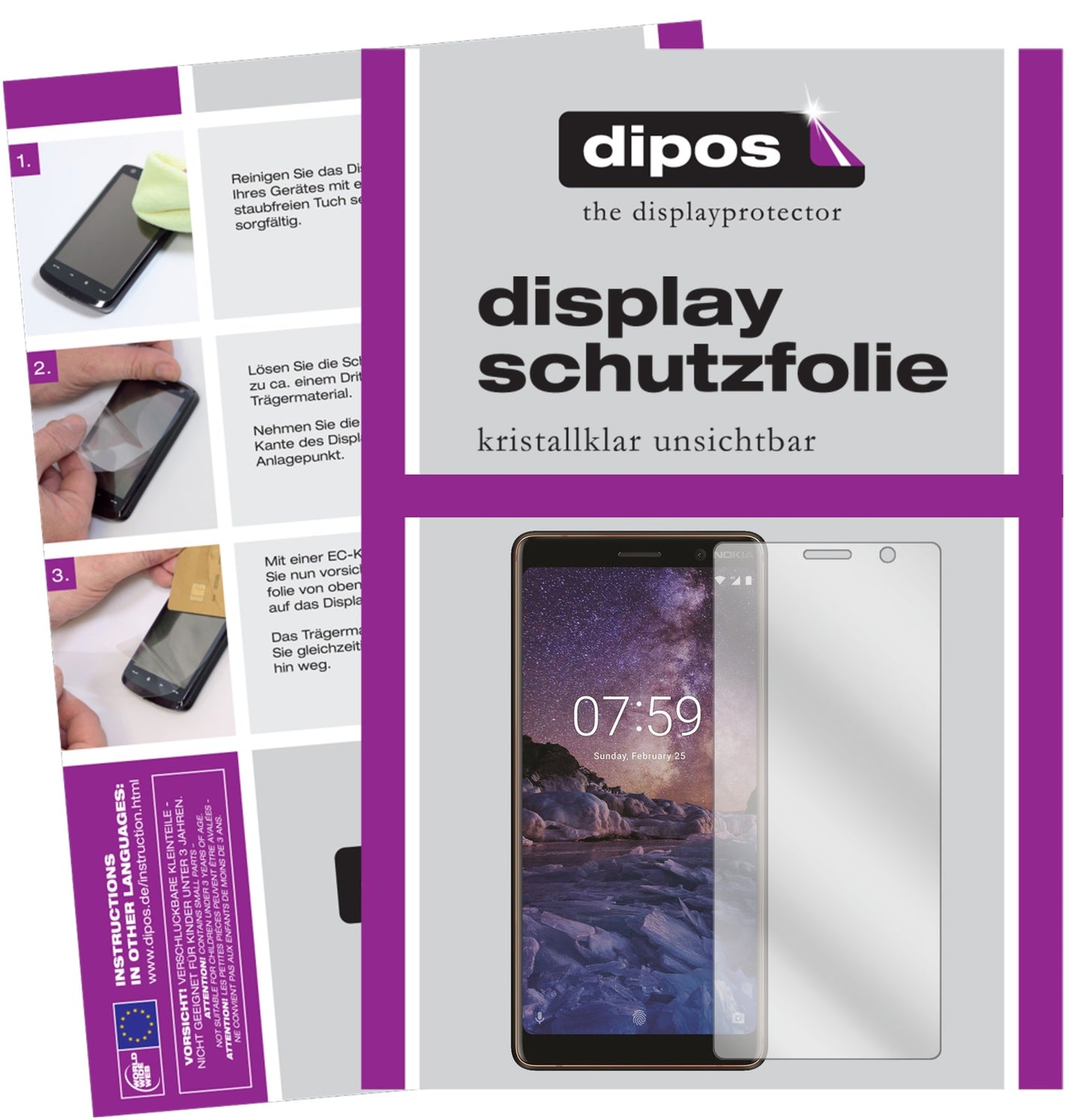 Klare Displayschutzfolie von dipos passend für Nokia 7 Plus, präziser Zuschnitt und blasenfrei montiert
