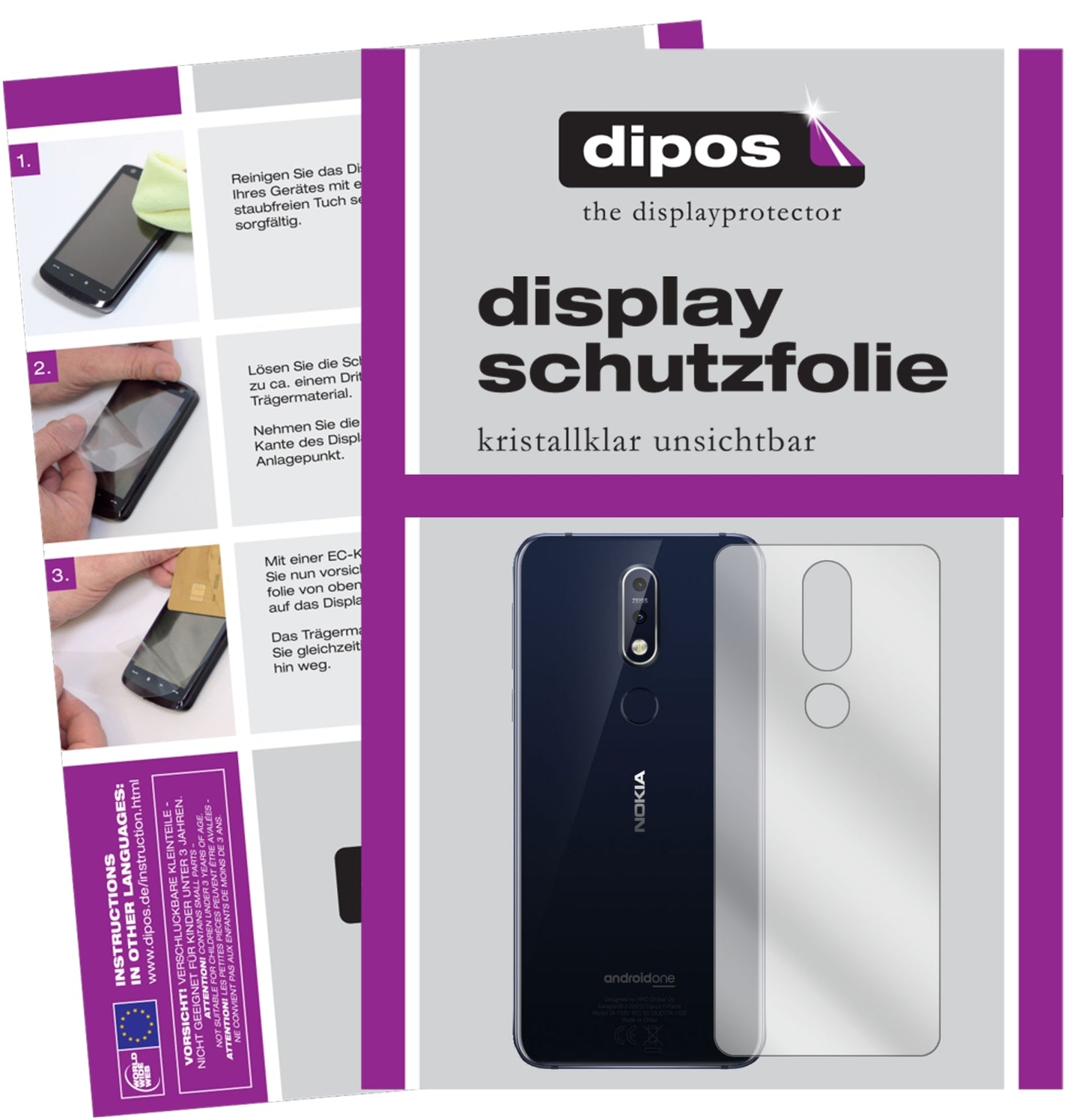 Klare Displayschutzfolie von dipos passend für Nokia 7.1 Rückseite, präziser Zuschnitt und blasenfrei montiert