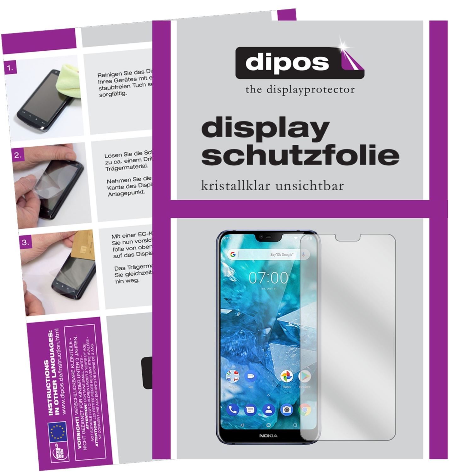 Klare Displayschutzfolie von dipos passend für Nokia X7 (2018), präziser Zuschnitt und blasenfrei montiert