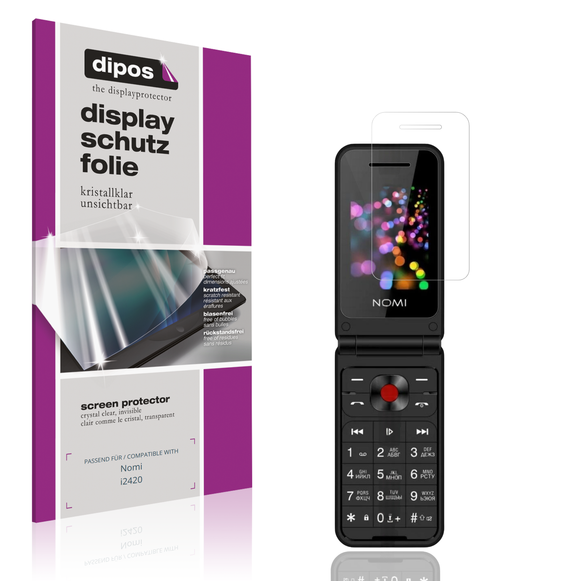 Klare Displayschutzfolie von dipos passend für Nomi i2420, präziser Zuschnitt und blasenfrei montiert