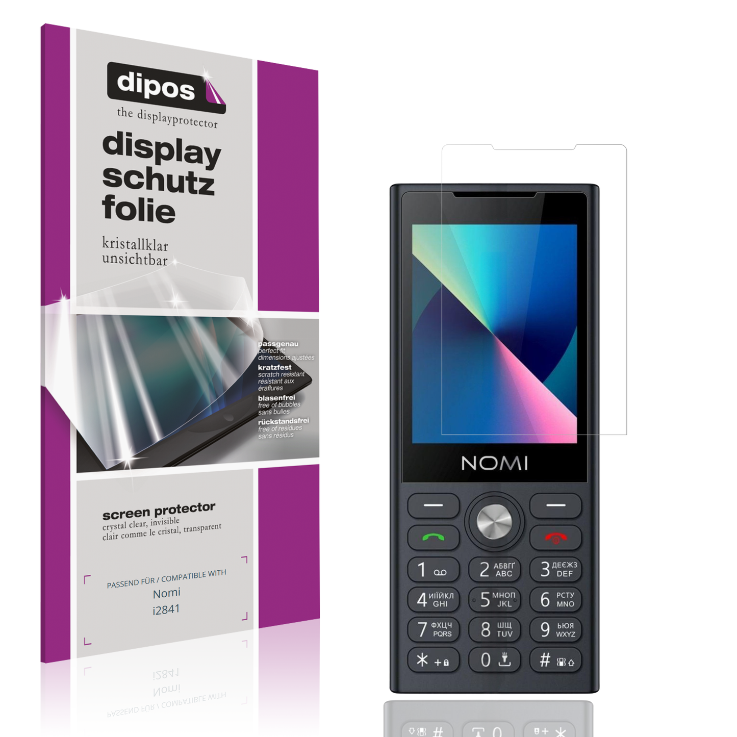 Klare Displayschutzfolie von dipos passend für Nomi i2841, präziser Zuschnitt und blasenfrei montiert