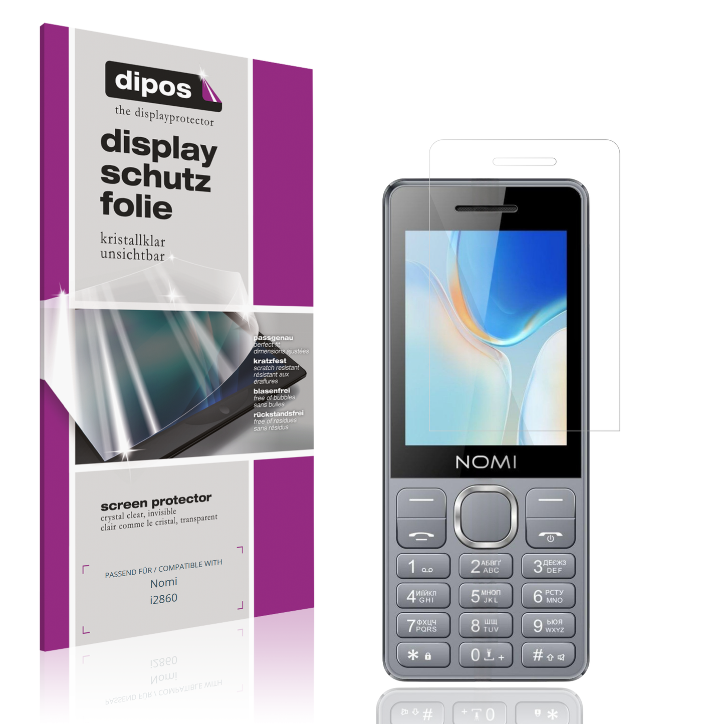 Klare Displayschutzfolie von dipos passend für Nomi i2860, präziser Zuschnitt und blasenfrei montiert