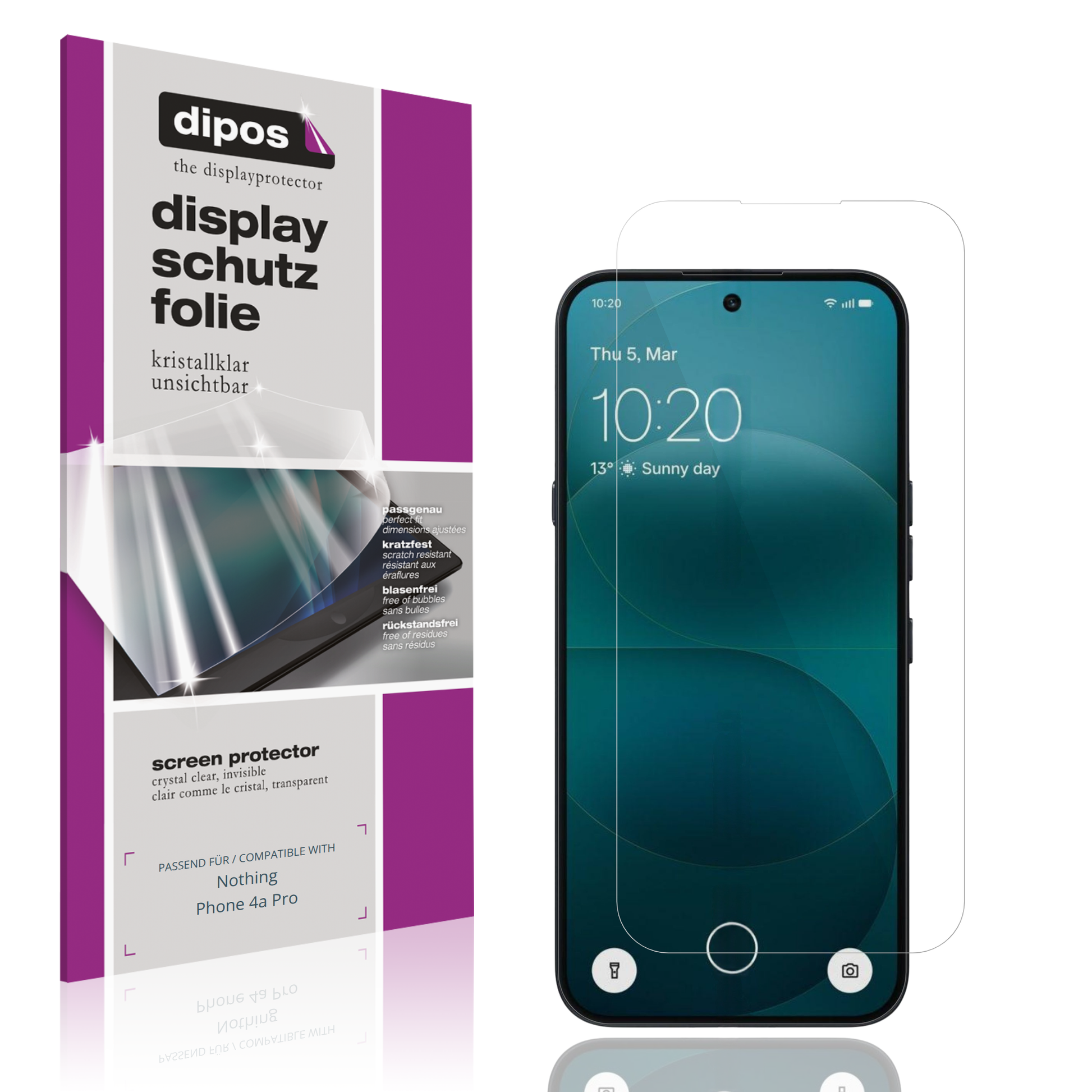 Klare Displayschutzfolie von dipos passend für Nothing Phone 4a Pro, präziser Zuschnitt und blasenfrei montiert