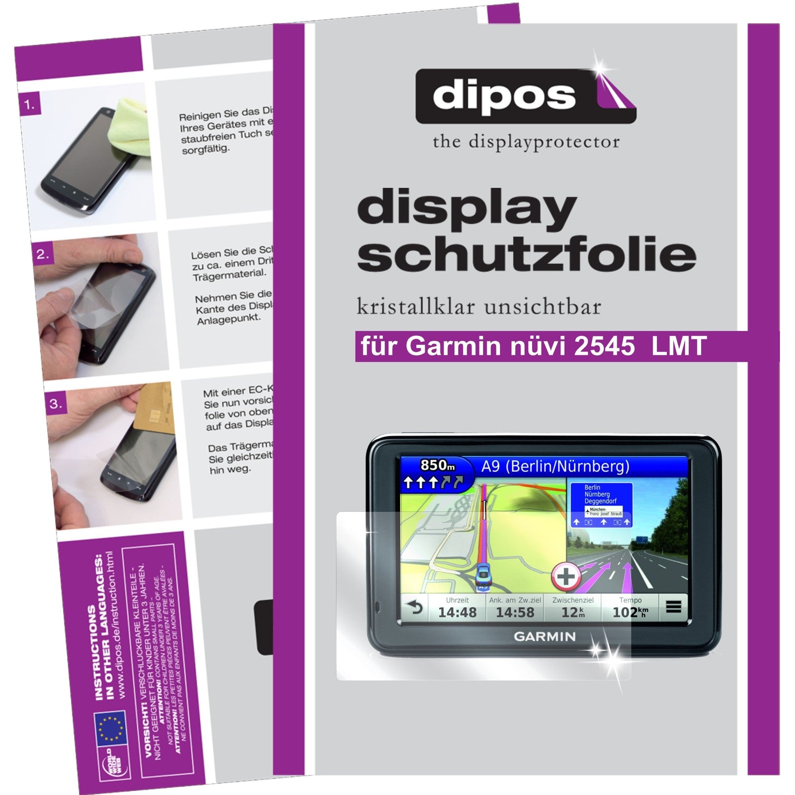 Klare Displayschutzfolie von dipos passend für Nüvi 2545 Garmin, präziser Zuschnitt und blasenfrei montiert