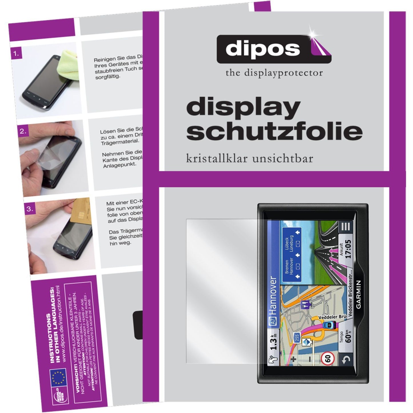 Klare Displayschutzfolie von dipos passend für nüvi 57 LMT / 58 LMT Garmin, präziser Zuschnitt und blasenfrei montiert