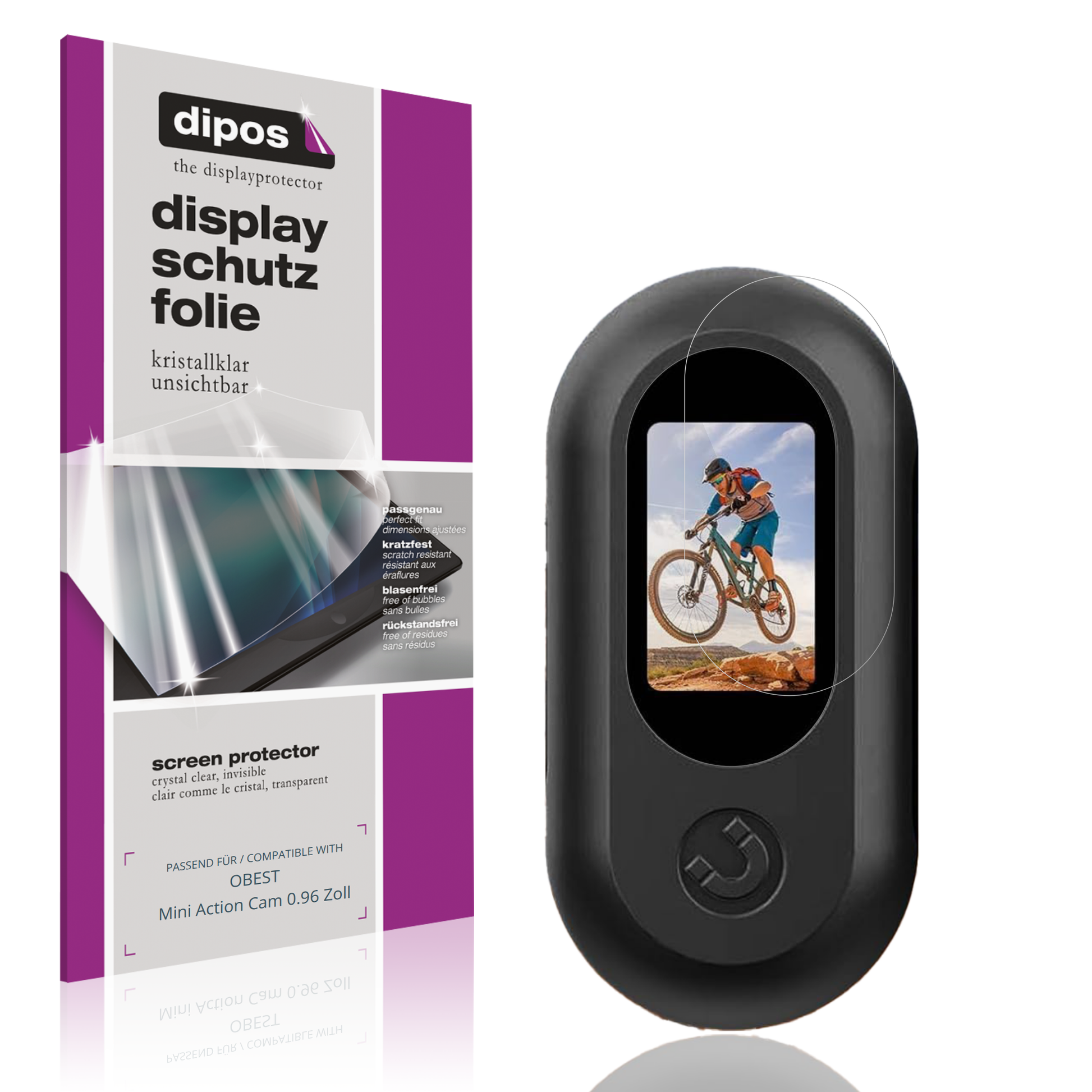 Klare Displayschutzfolie von dipos passend für OBEST Mini Action Cam 0.96 Zoll, präziser Zuschnitt und blasenfrei montiert