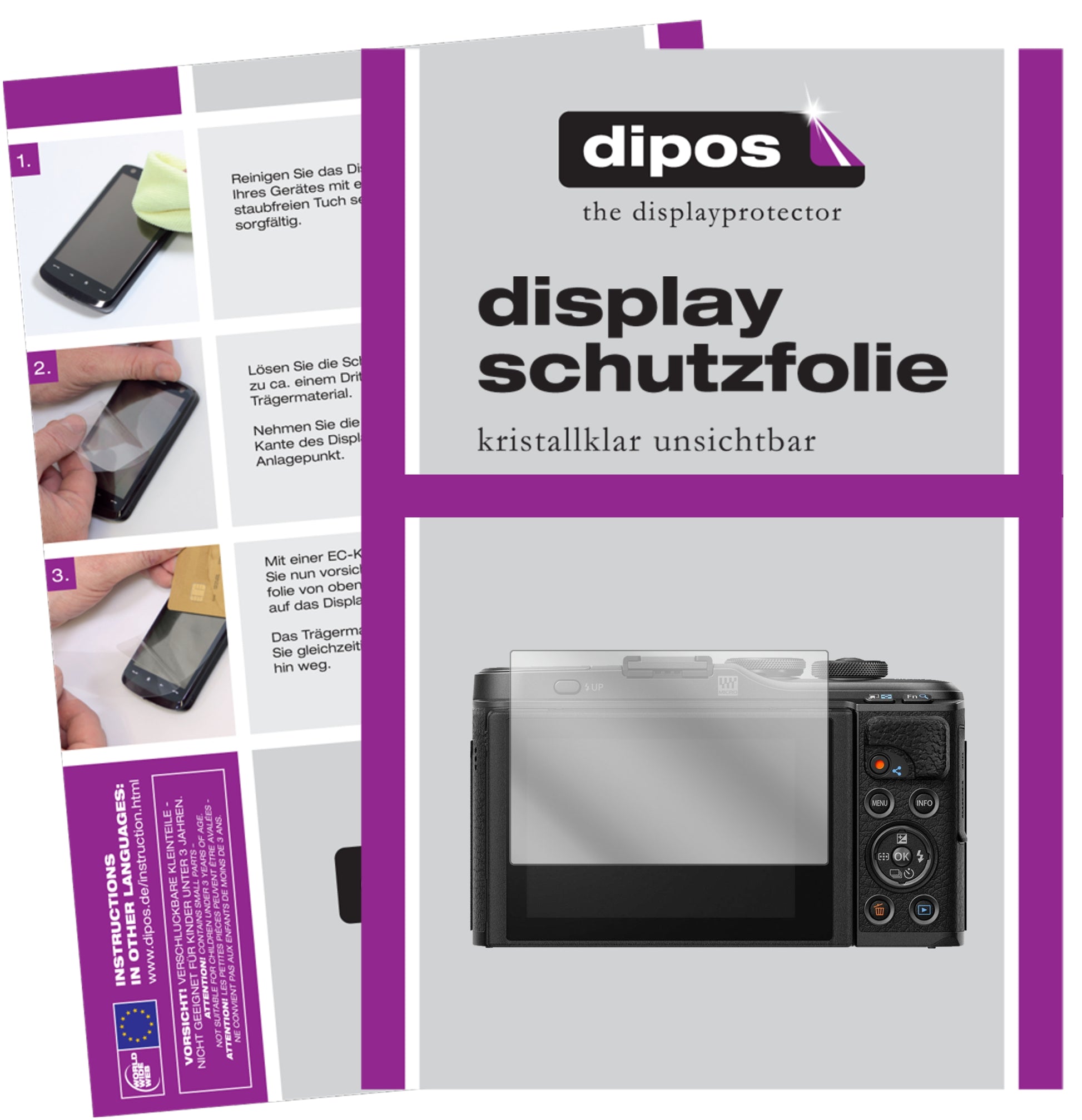 Klare Displayschutzfolie von dipos passend für Olympus Pen E-PL10, präziser Zuschnitt und blasenfrei montiert