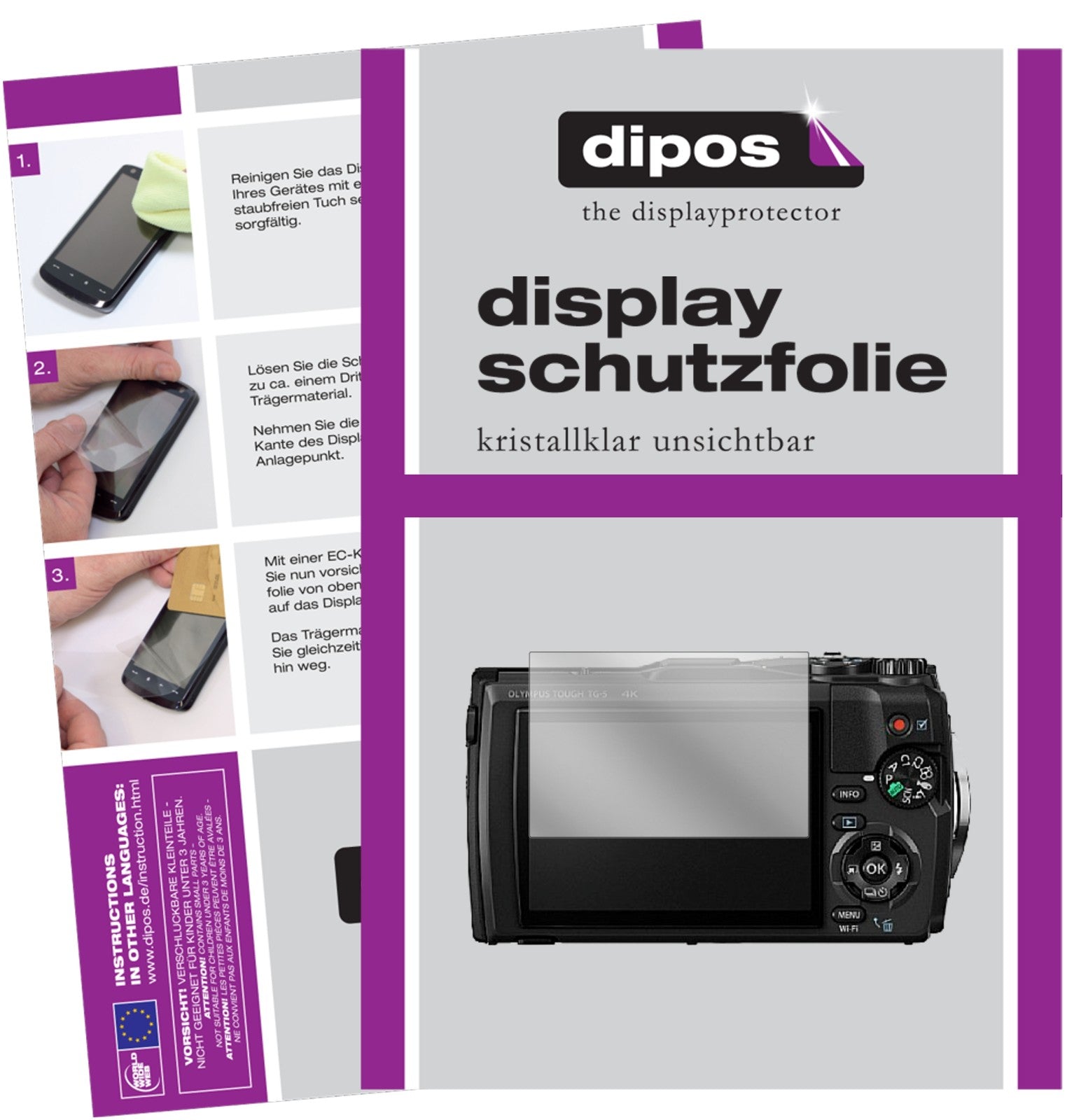 Klare Displayschutzfolie von dipos passend für Olympus Tough TG-5, präziser Zuschnitt und blasenfrei montiert