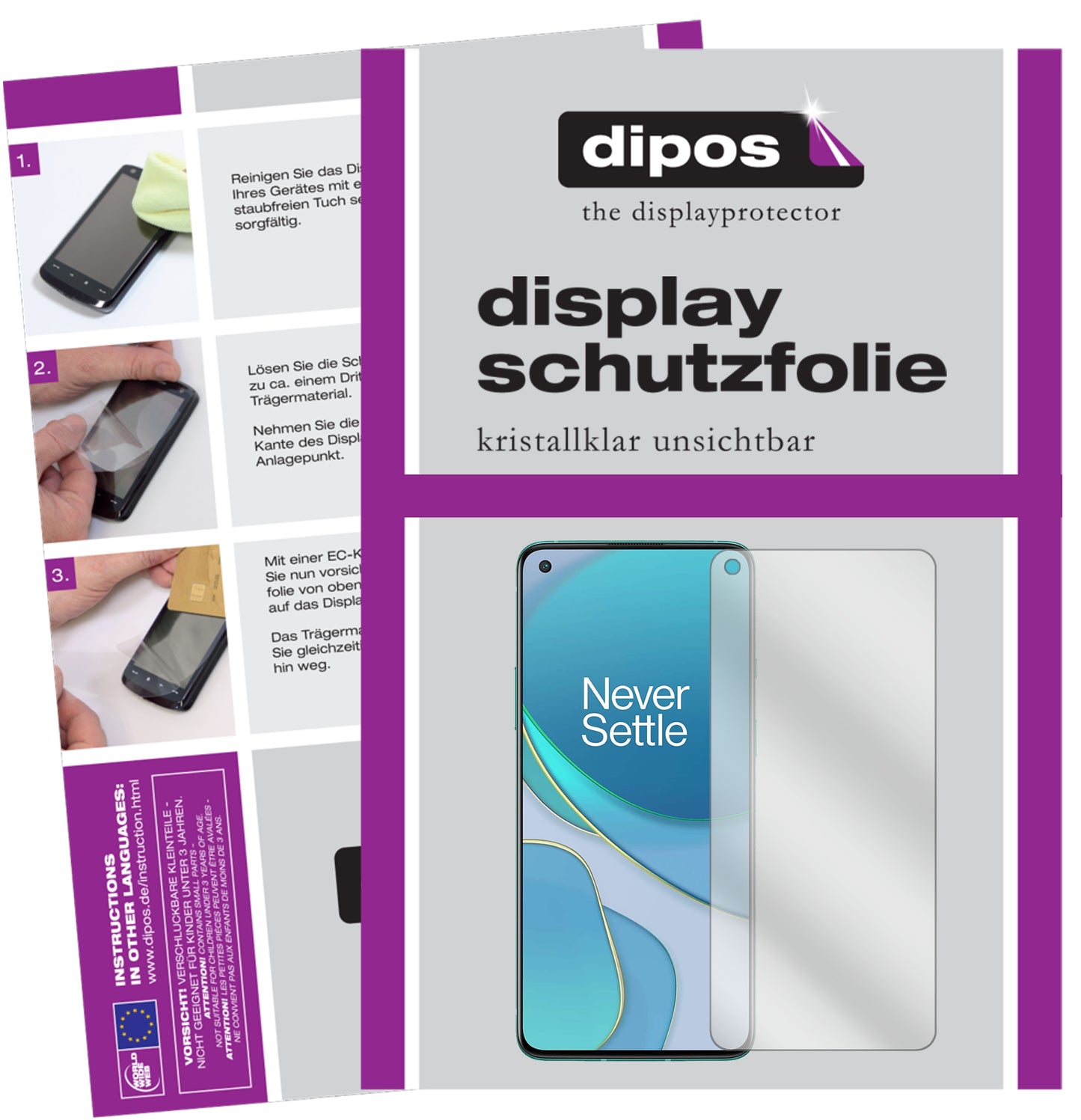 Klare Displayschutzfolie von dipos passend für OnePlus 8T, präziser Zuschnitt und blasenfrei montiert
