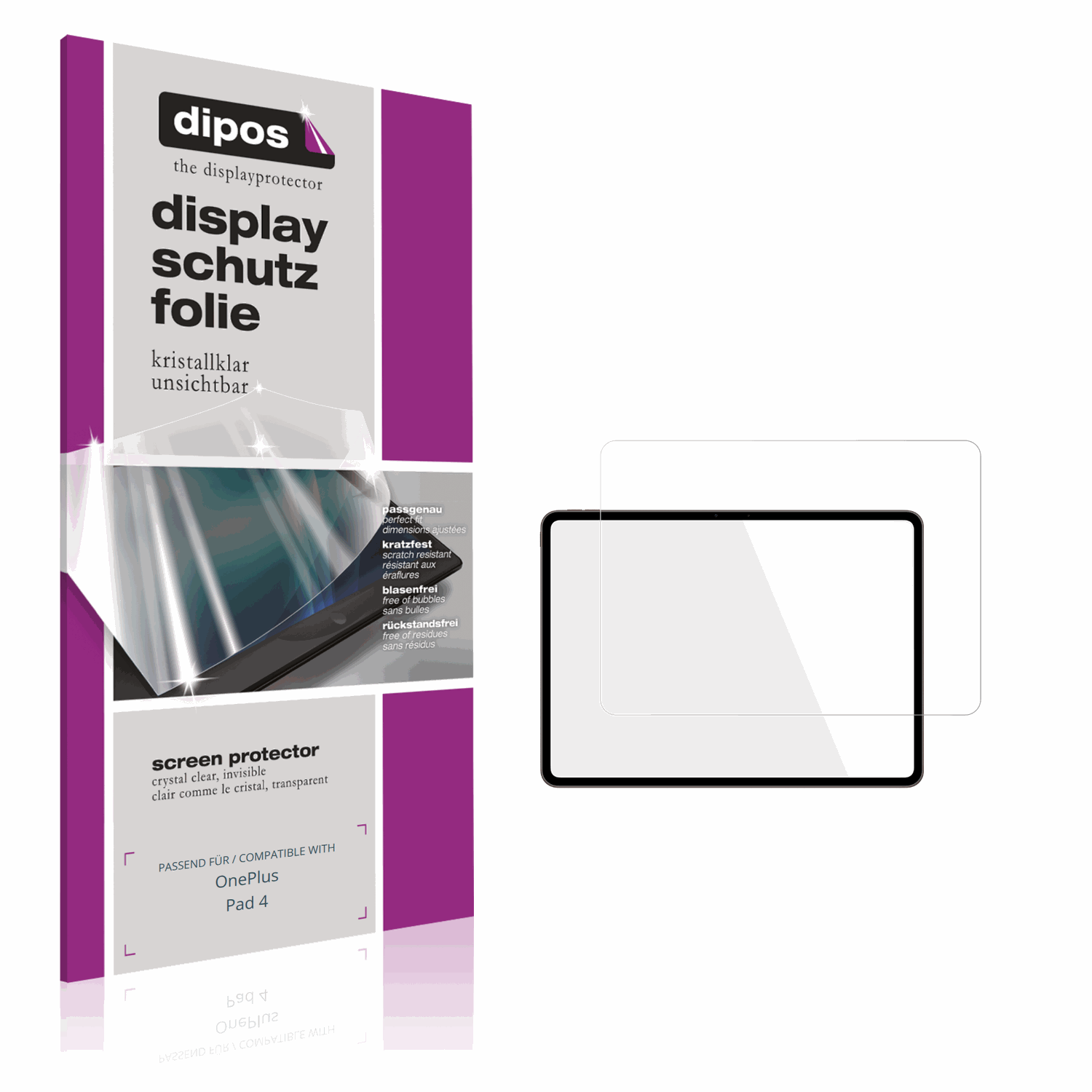 Klare Displayschutzfolie von dipos passend für OnePlus Pad 4, präziser Zuschnitt und blasenfrei montiert