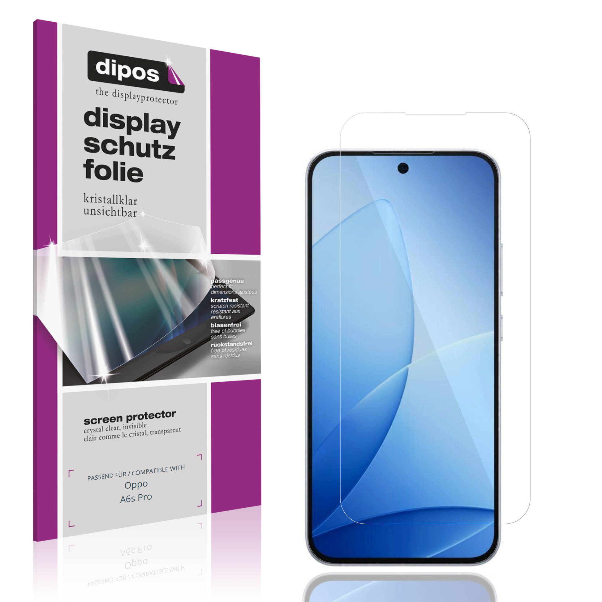 Klare Displayschutzfolie von dipos passend für Oppo A6s Pro, präziser Zuschnitt und blasenfrei montiert