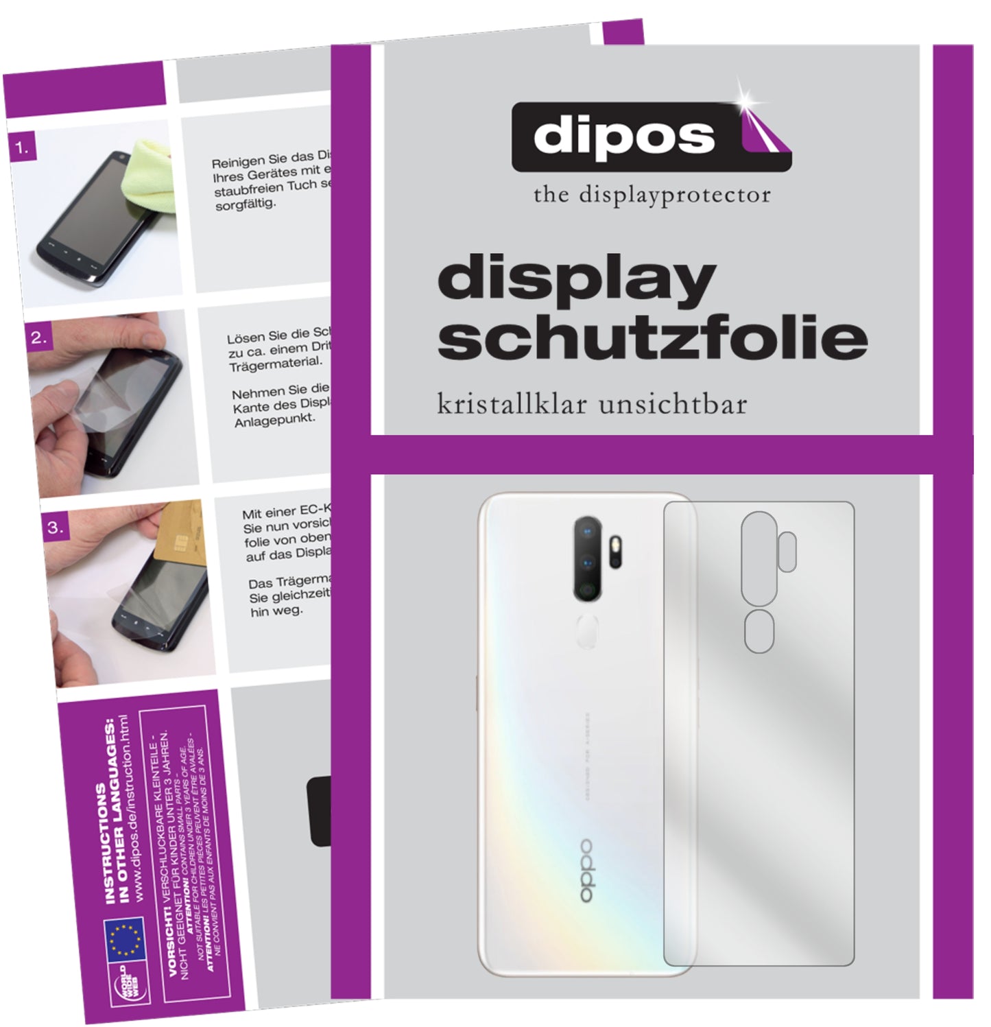 Klare Displayschutzfolie von dipos passend für Oppo A9 (2020) Rückseite, präziser Zuschnitt und blasenfrei montiert