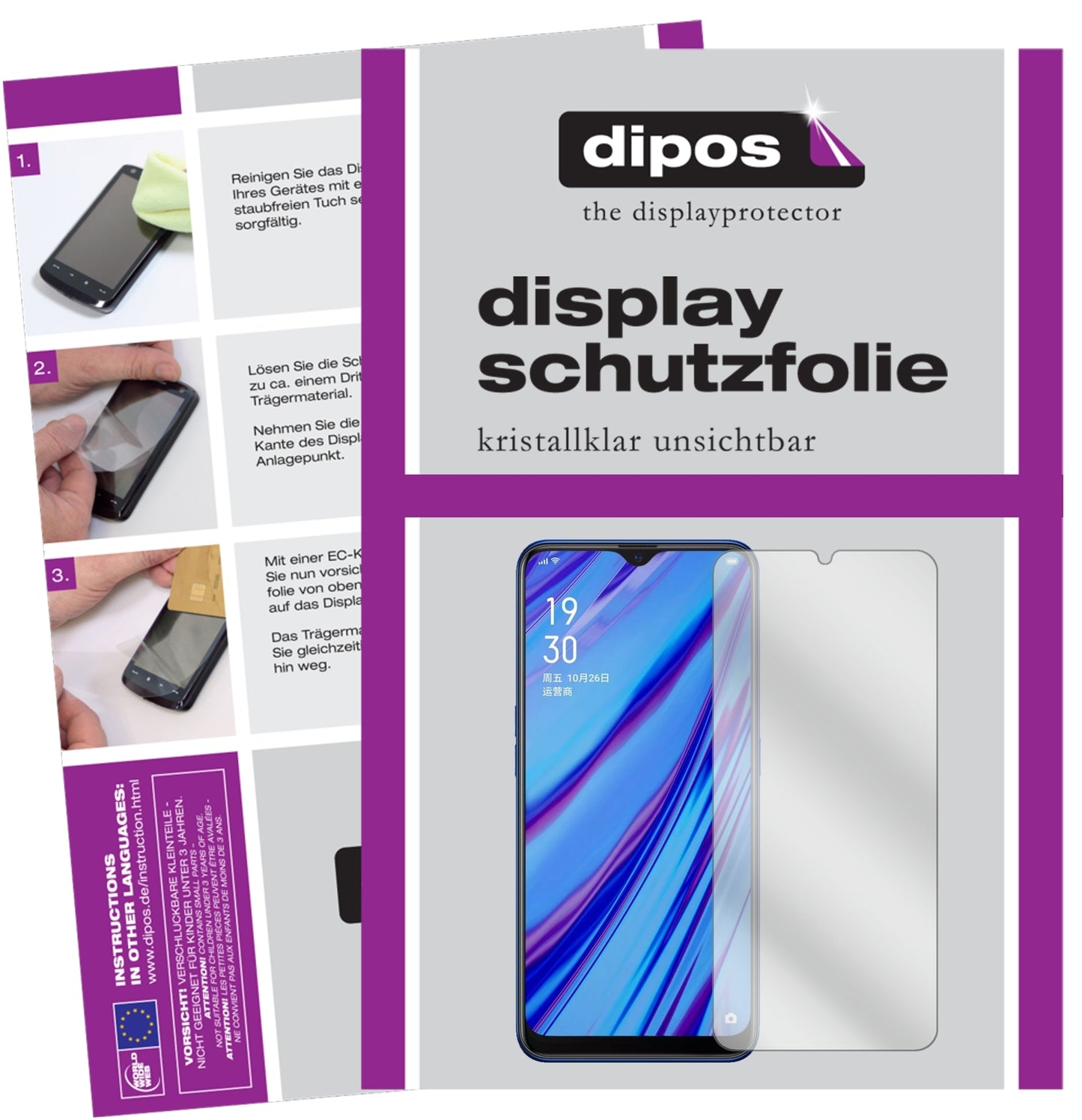 Klare Displayschutzfolie von dipos passend für Oppo A9, präziser Zuschnitt und blasenfrei montiert
