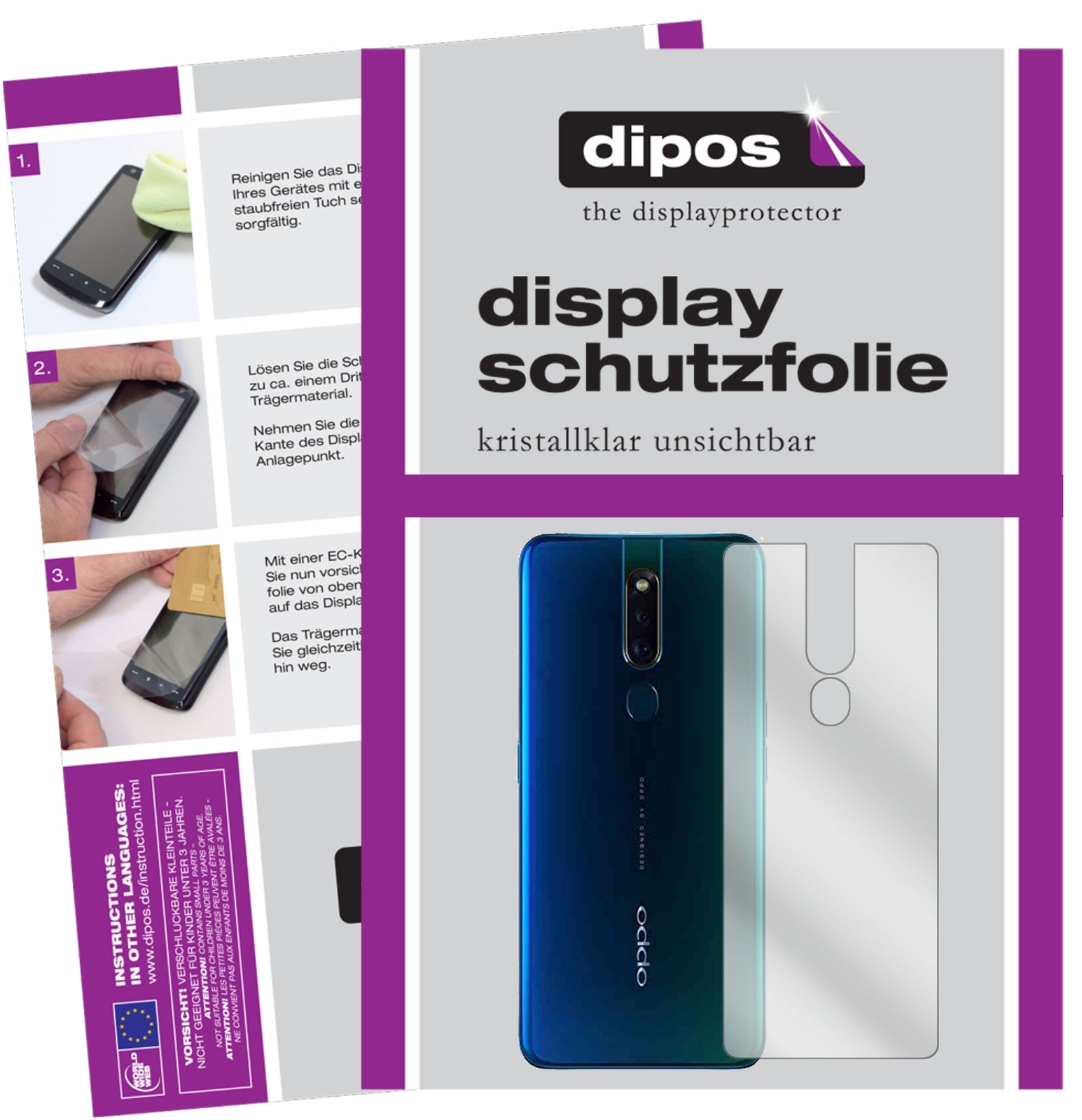 Klare Displayschutzfolie von dipos passend für Oppo F11 Pro Rückseite, präziser Zuschnitt und blasenfrei montiert