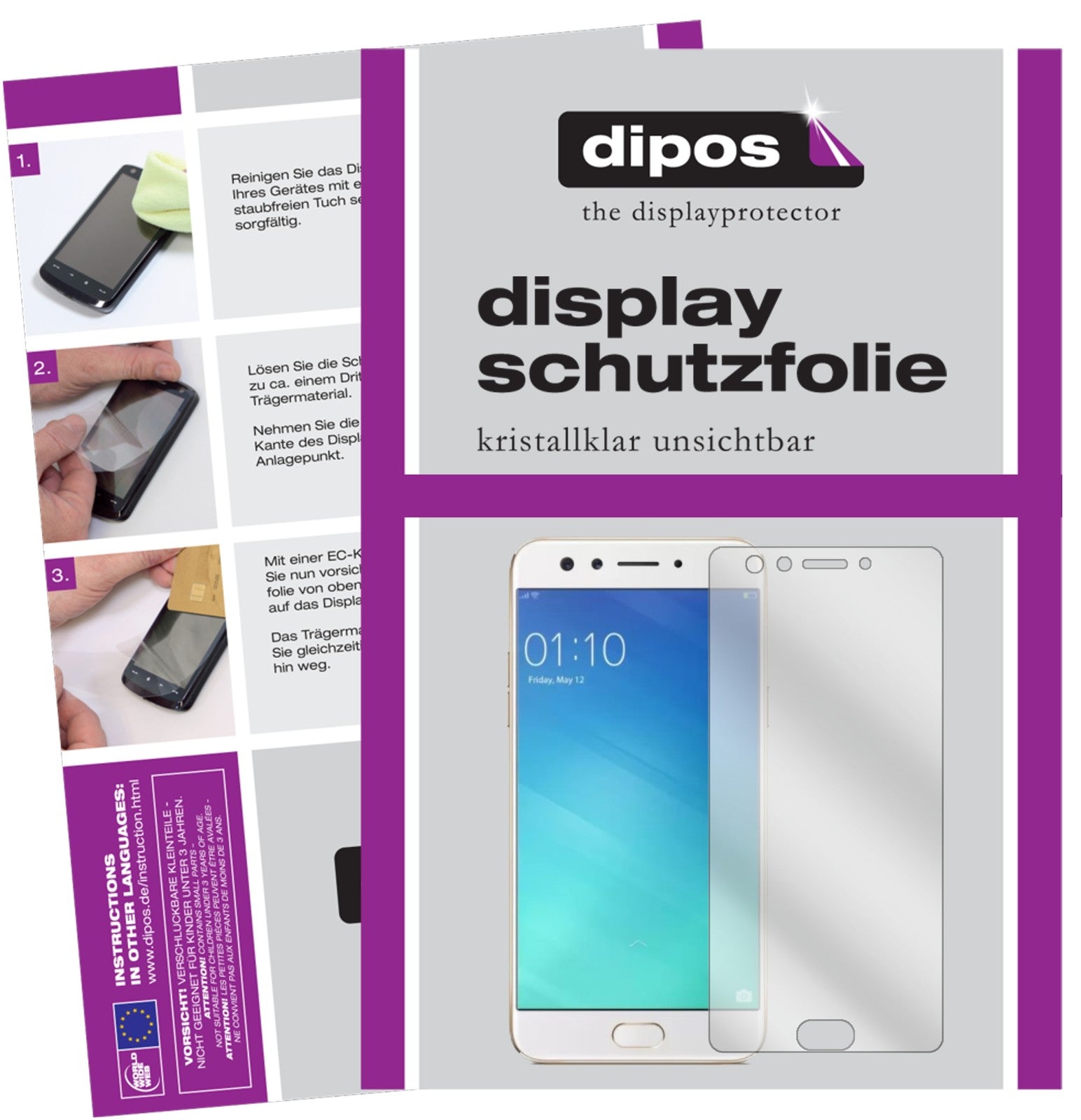 Klare Displayschutzfolie von dipos passend für Oppo F3, präziser Zuschnitt und blasenfrei montiert