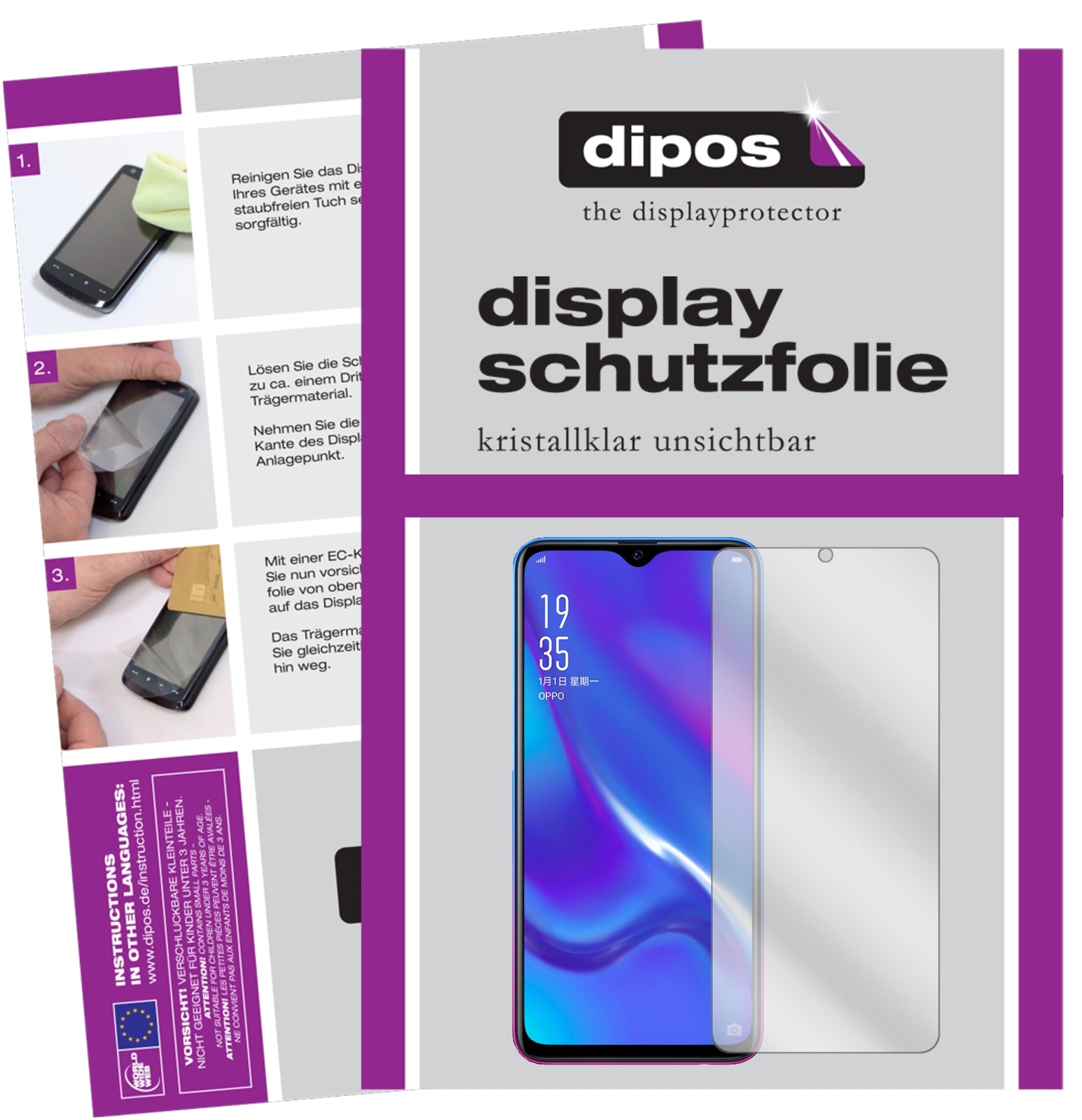Klare Displayschutzfolie von dipos passend für Oppo K1, präziser Zuschnitt und blasenfrei montiert