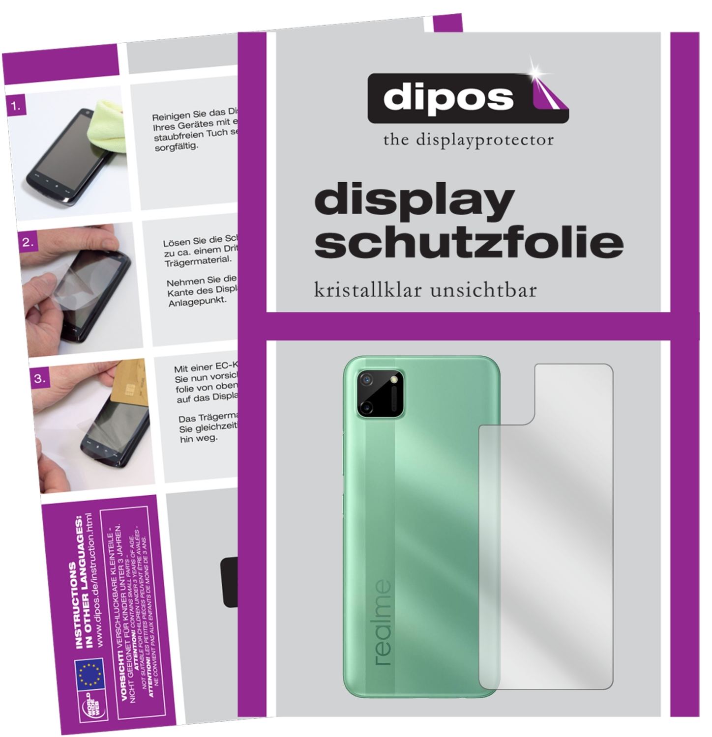 Klare Displayschutzfolie von dipos passend für Oppo Realme C11 Rückseite, präziser Zuschnitt und blasenfrei montiert