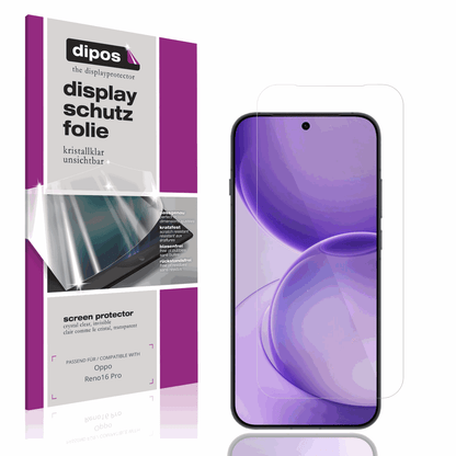 Klare Displayschutzfolie von dipos passend für Oppo Reno16 Pro, präziser Zuschnitt und blasenfrei montiert
