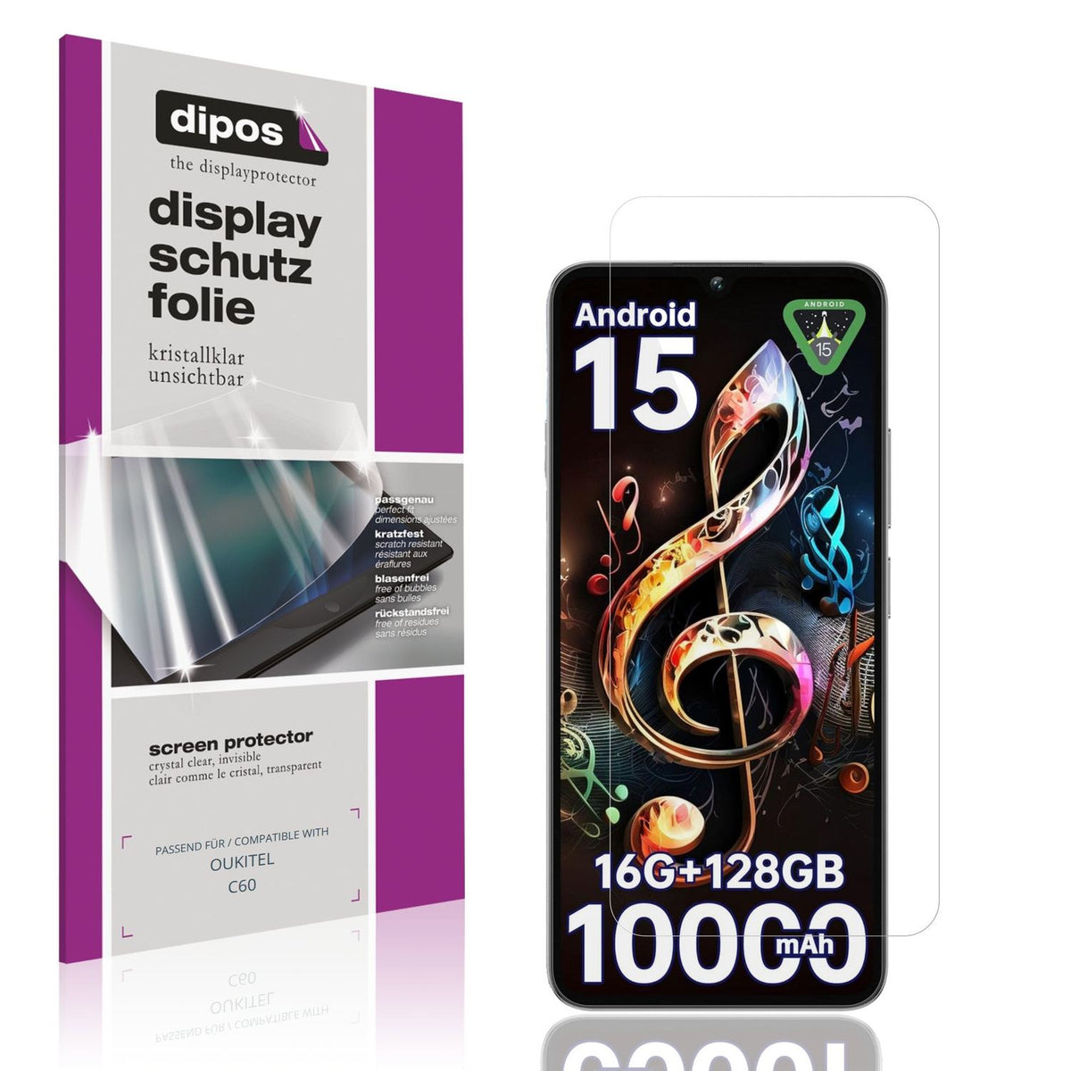 Klare Displayschutzfolie von dipos passend für OUKITEL C60, präziser Zuschnitt und blasenfrei montiert