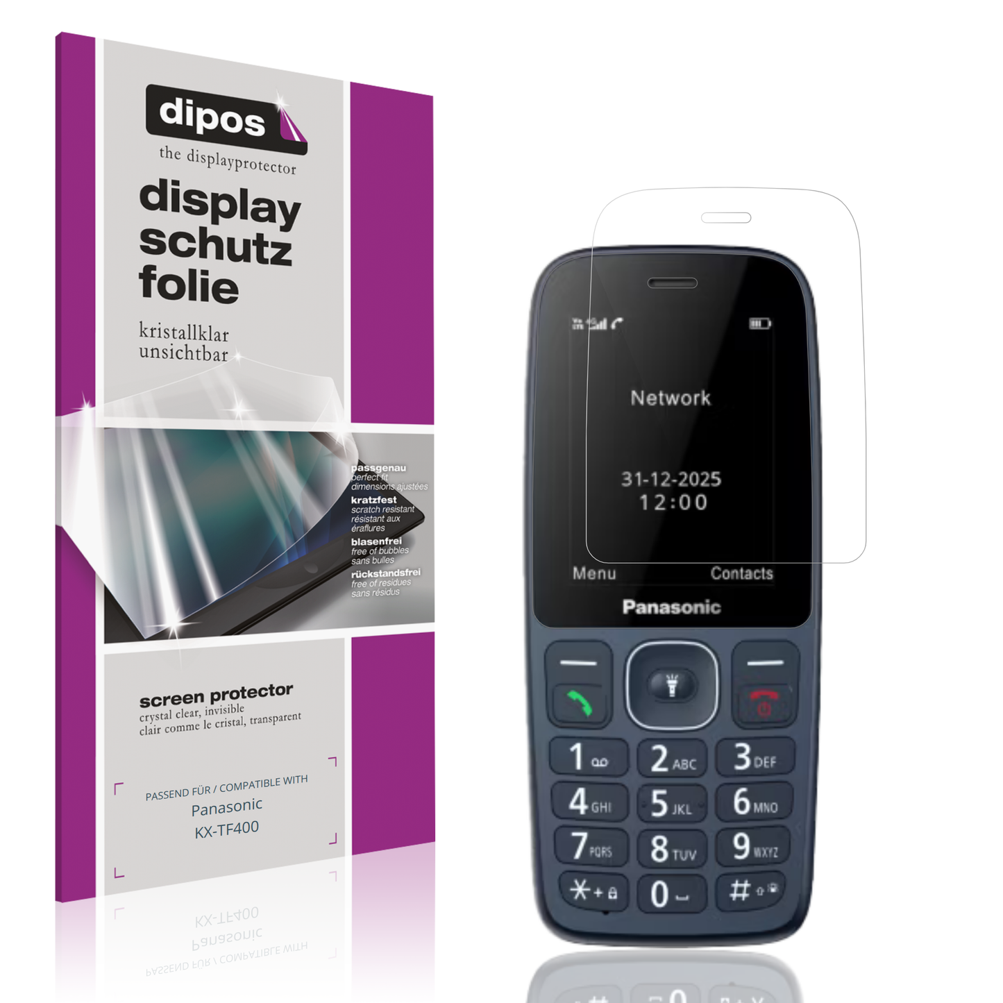 Klare Displayschutzfolie von dipos passend für Panasonic KX-TF400, präziser Zuschnitt und blasenfrei montiert